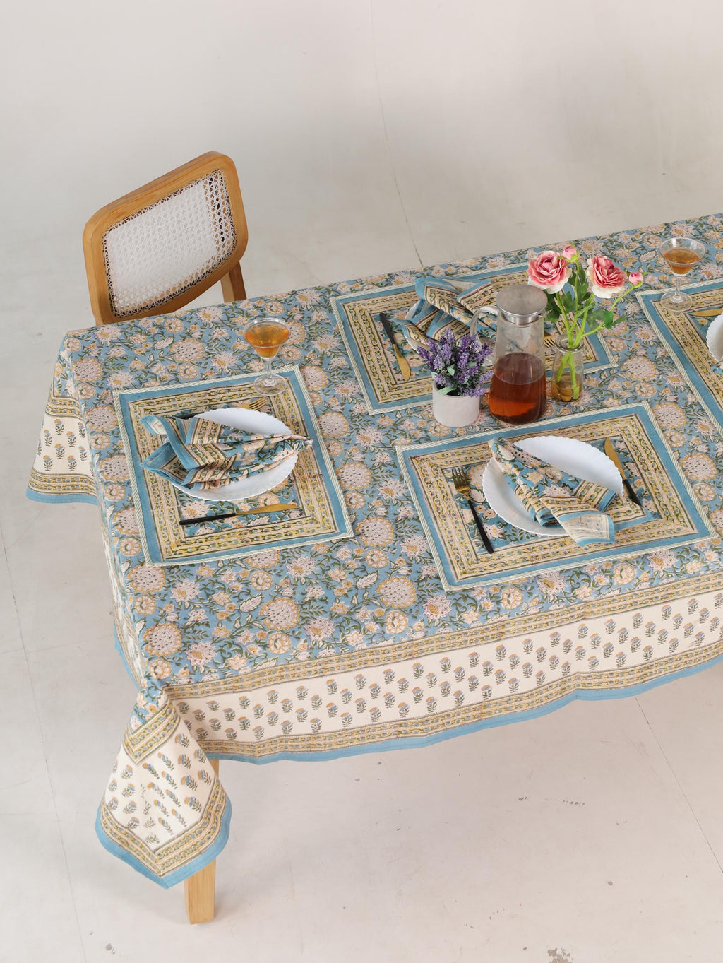 Blue & Gold Floral Hand Block Print Cotton Tablecloth (60 x 90) – Elegant Jaipur Dining Table Cover