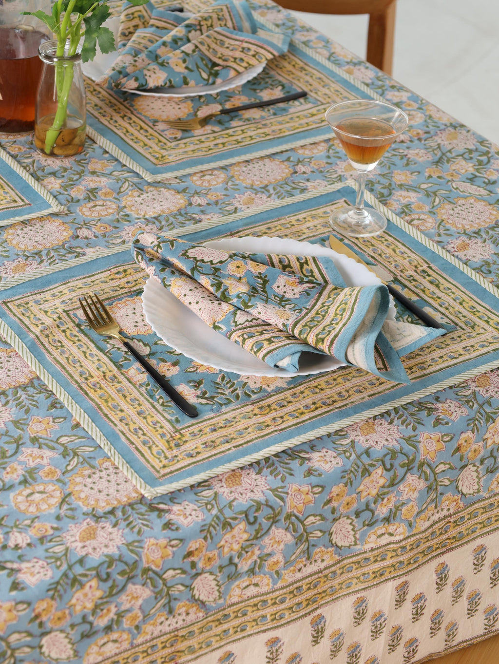 Blue & Gold Floral Hand Block Print Cotton Tablecloth (60 x 90) – Elegant Jaipur Dining Table Cover