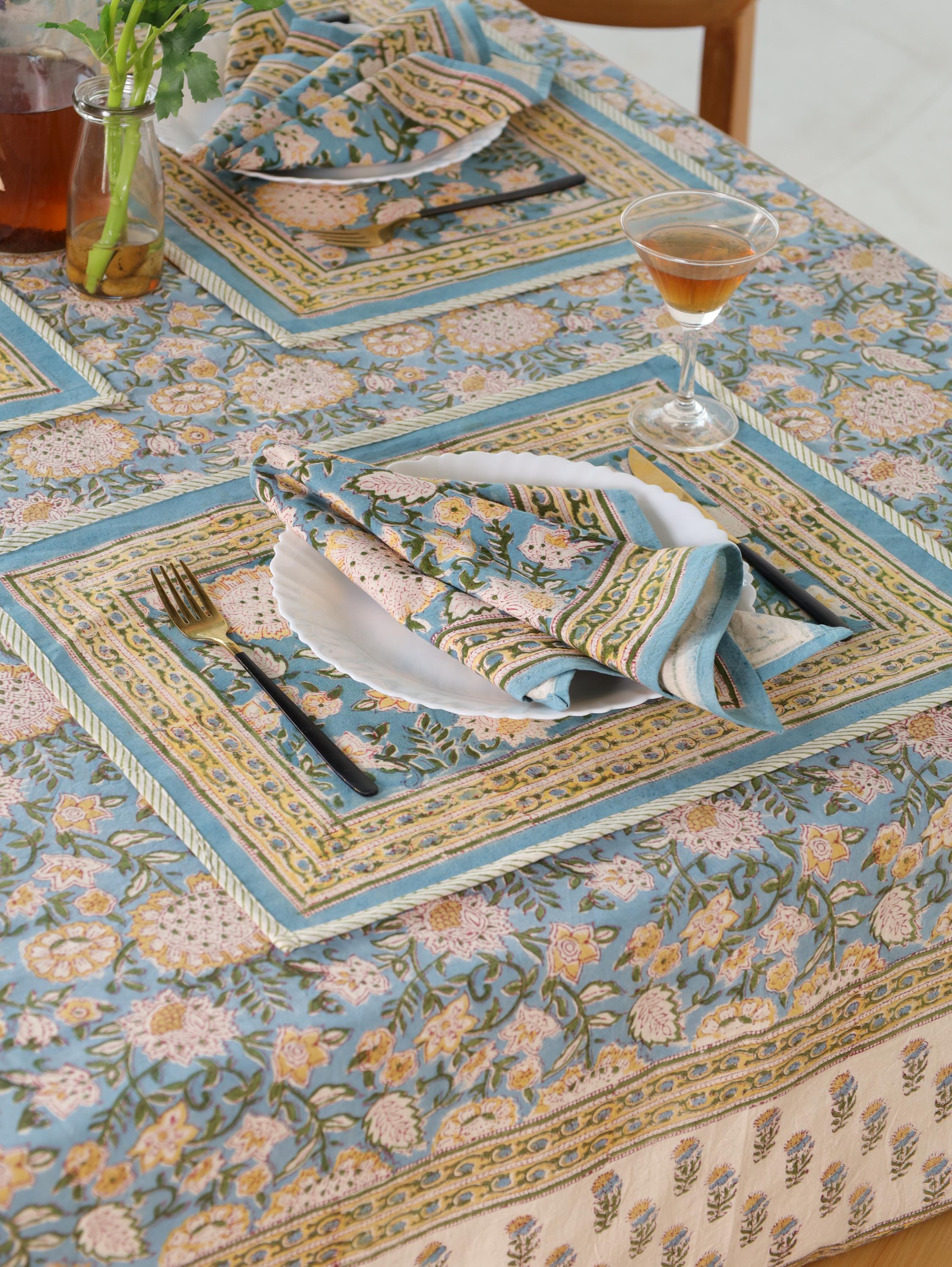 Blue & Gold Floral Hand Block Print Cotton Tablecloth (60 x 90) – Elegant Jaipur Dining Table Cover