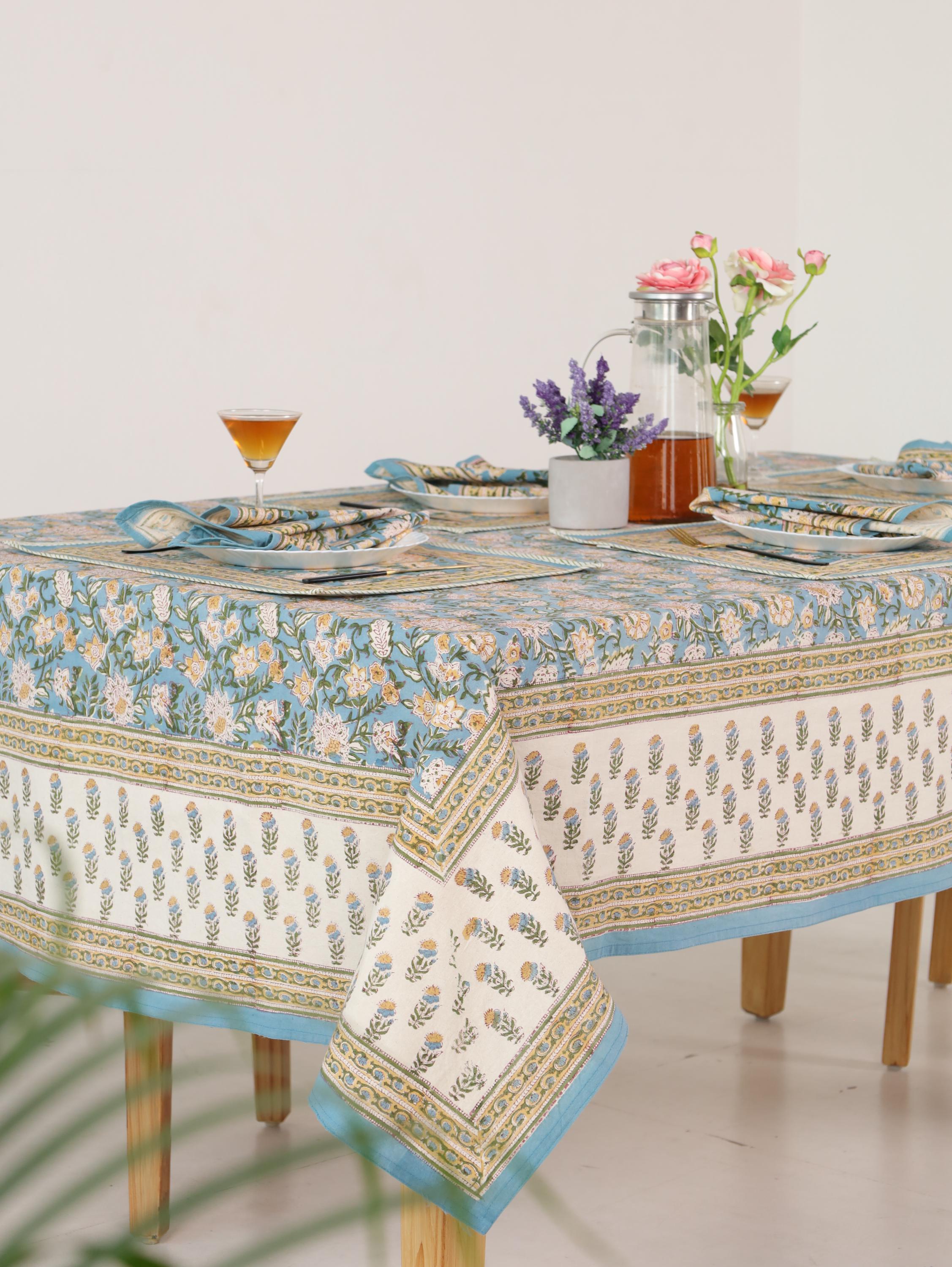 Blue & Gold Floral Hand Block Print Cotton Tablecloth (60 x 90) – Elegant Jaipur Dining Table Cover