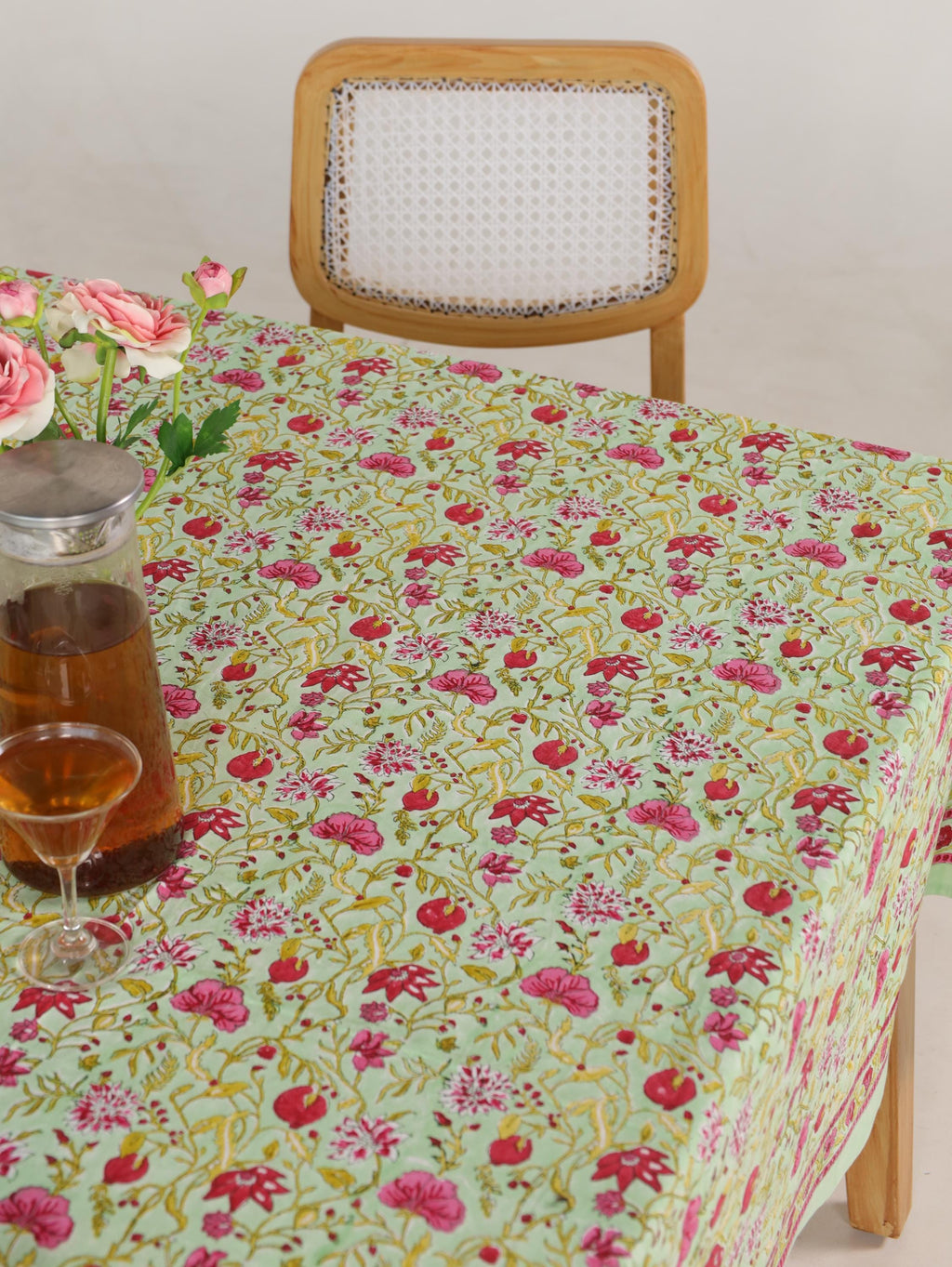 Pink & Red Floral Hand Block Print Cotton Tablecloth – Elegant Jaipur Dining Table Cover