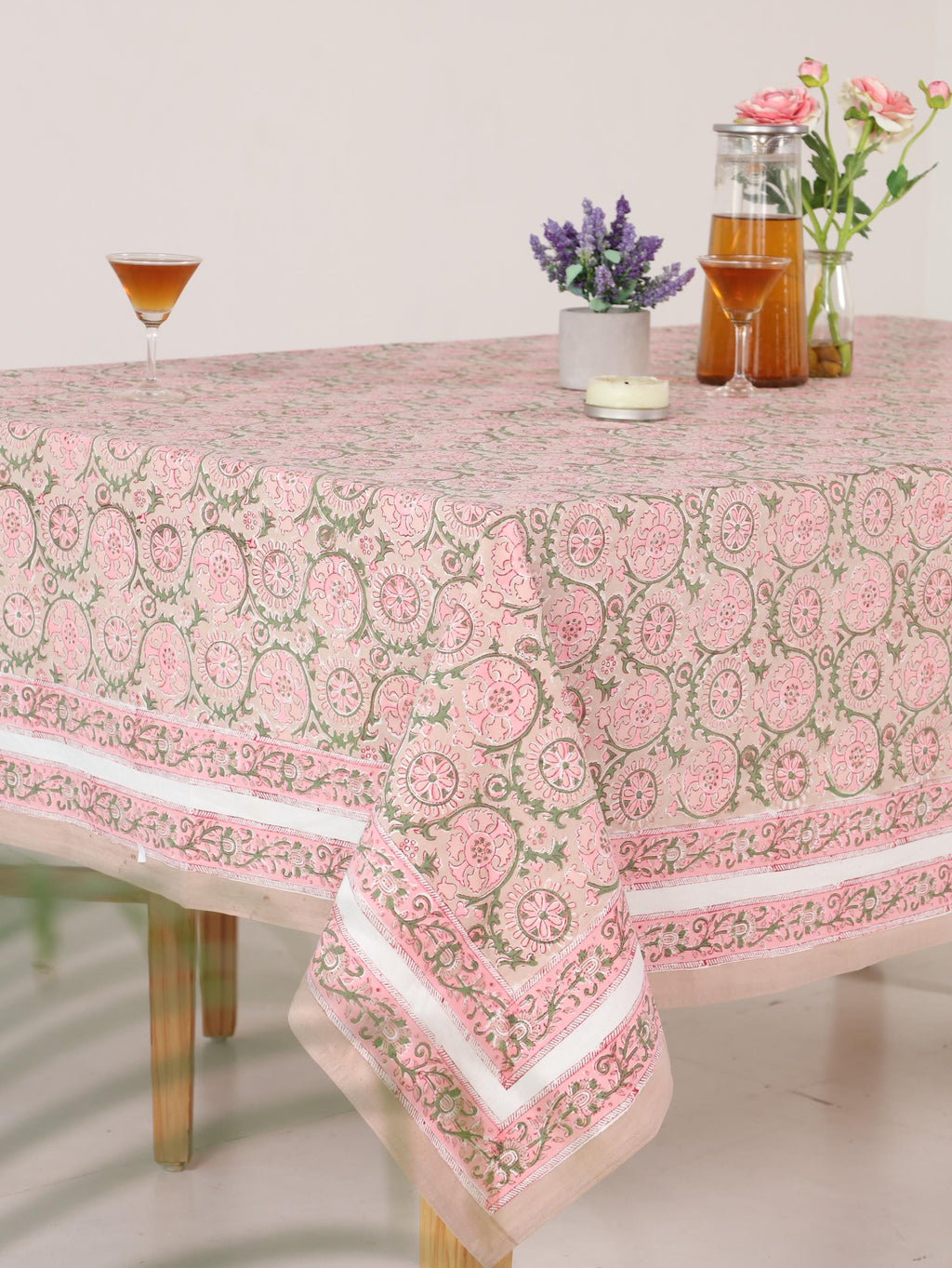 Luxury Floral Block Printed Tablecloth - Handmade Cotton Dining Table Cover with Pink Floral