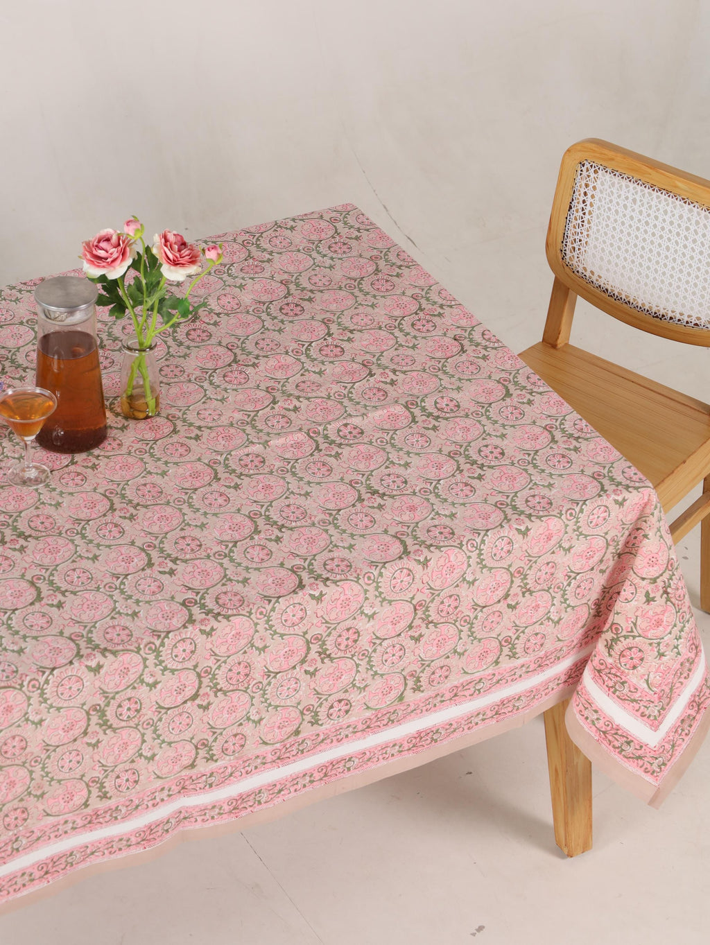Luxury Floral Block Printed Tablecloth - Handmade Cotton Dining Table Cover with Pink Floral