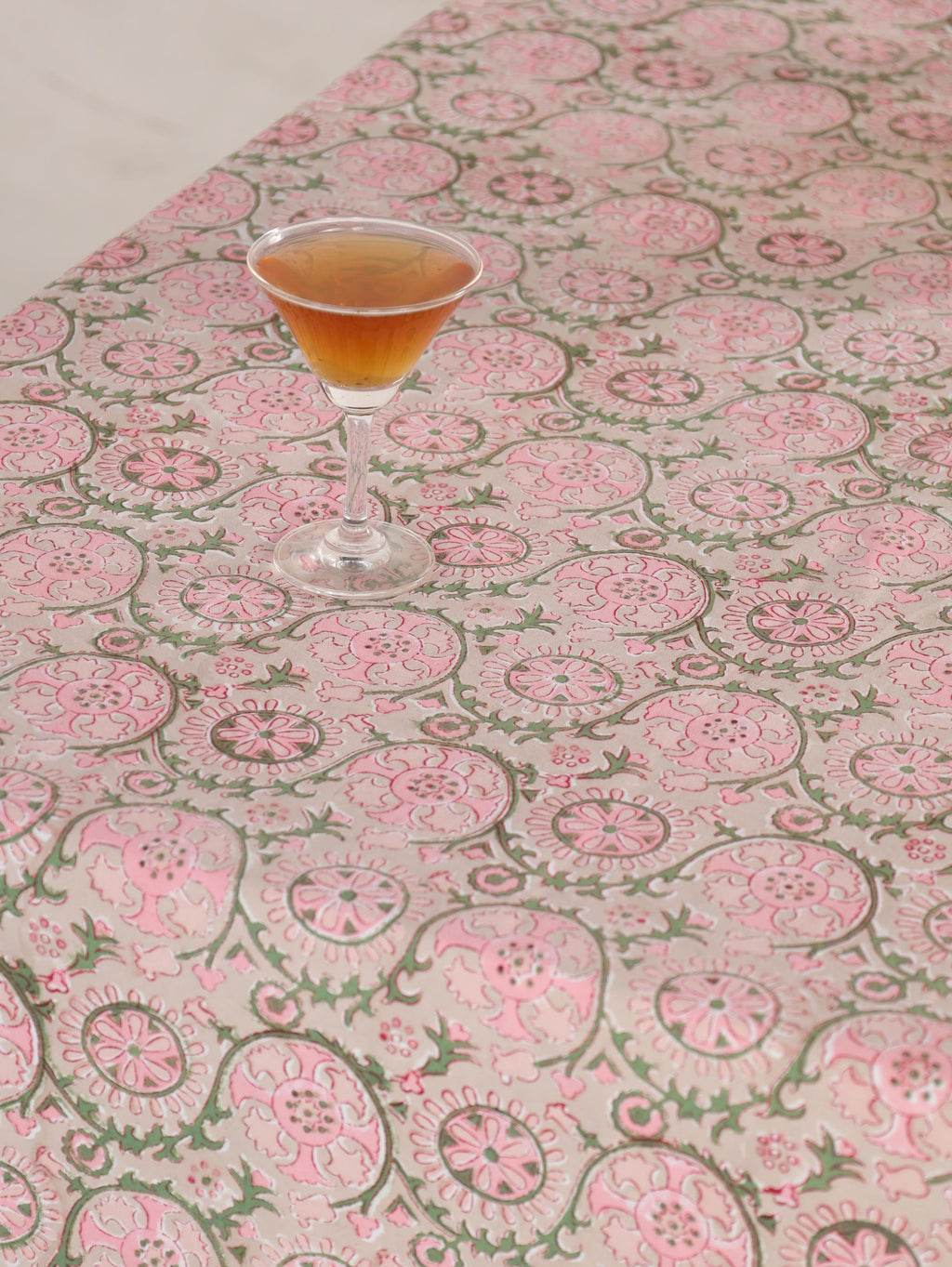 Luxury Floral Block Printed Tablecloth - Handmade Cotton Dining Table Cover with Pink Floral