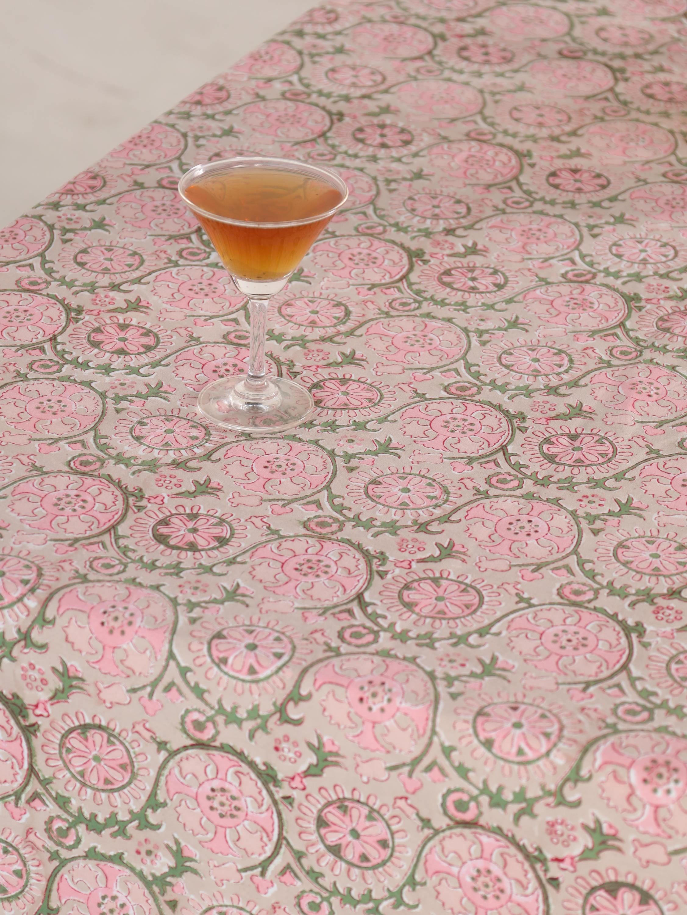 Luxury Floral Block Printed Tablecloth - Handmade Cotton Dining Table Cover with Pink Floral