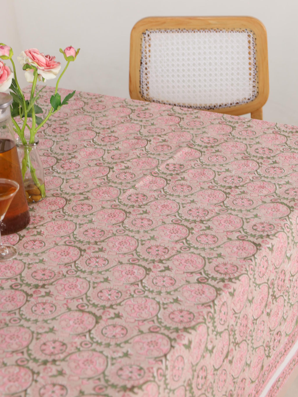 Luxury Floral Block Printed Tablecloth - Handmade Cotton Dining Table Cover with Pink Floral