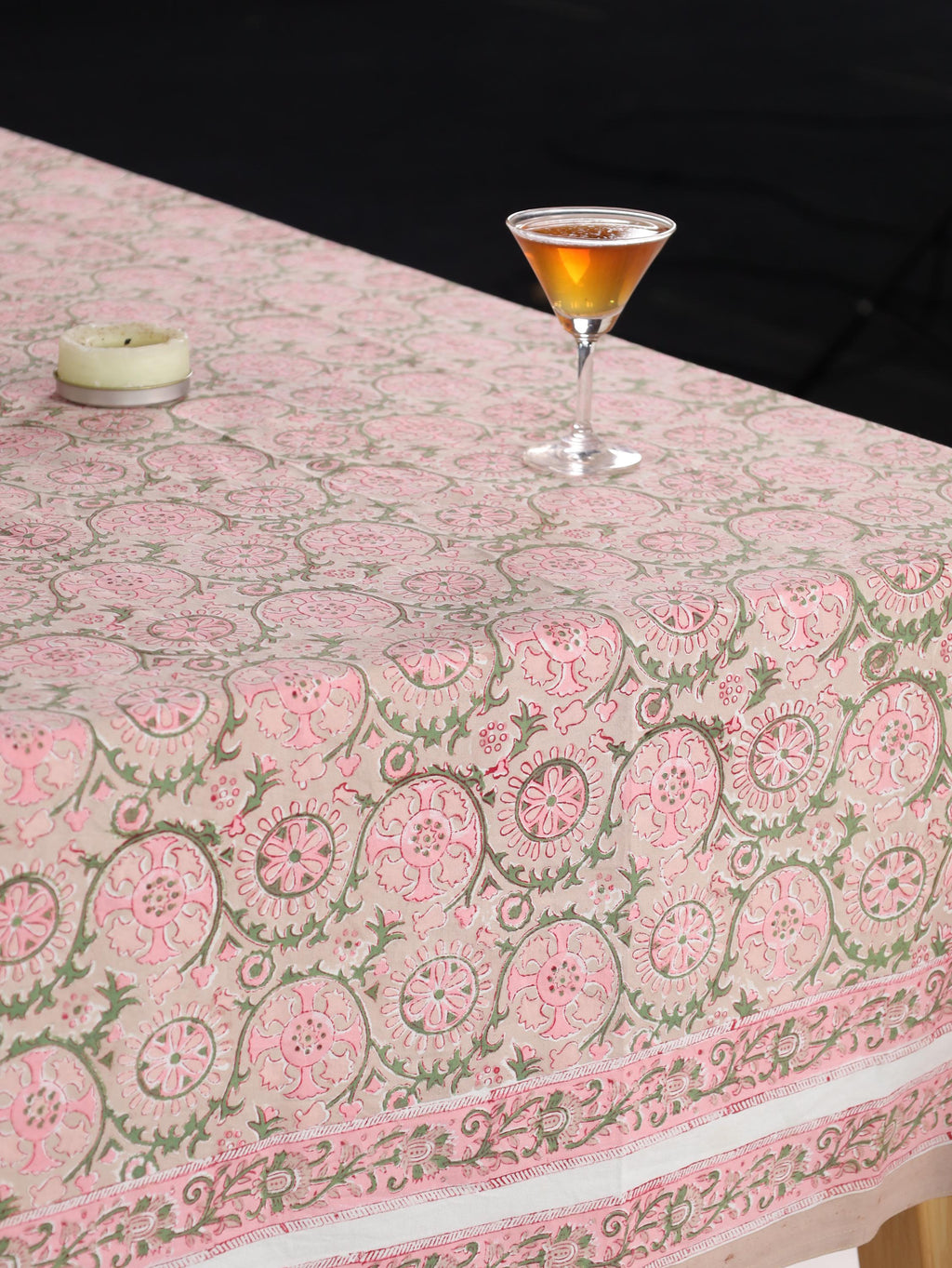 Luxury Floral Block Printed Tablecloth - Handmade Cotton Dining Table Cover with Pink Floral