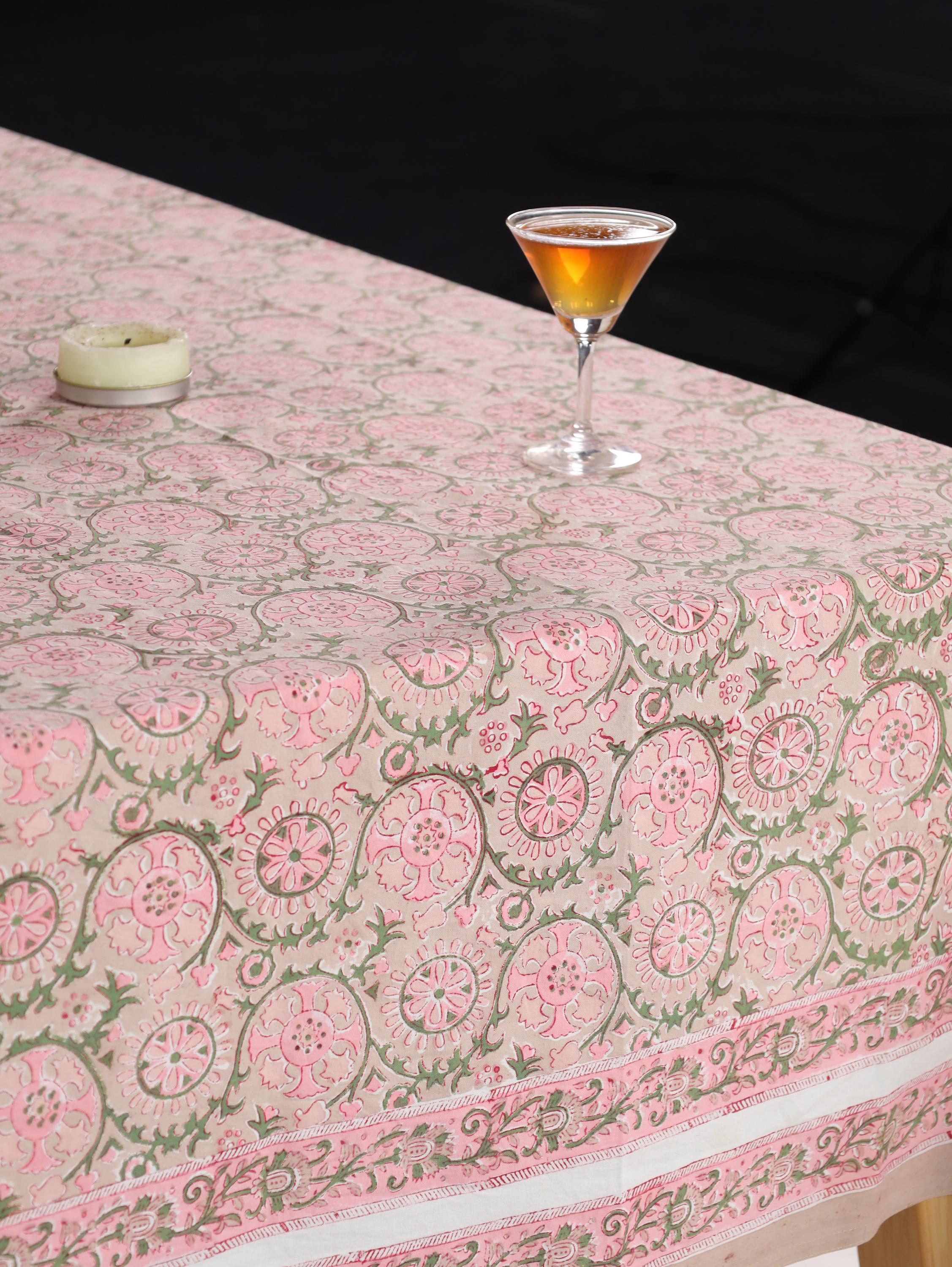 Luxury Floral Block Printed Tablecloth - Handmade Cotton Dining Table Cover with Pink Floral
