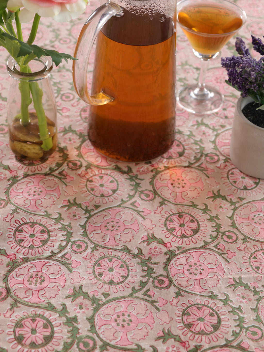 Luxury Floral Block Printed Tablecloth - Handmade Cotton Dining Table Cover with Pink Floral