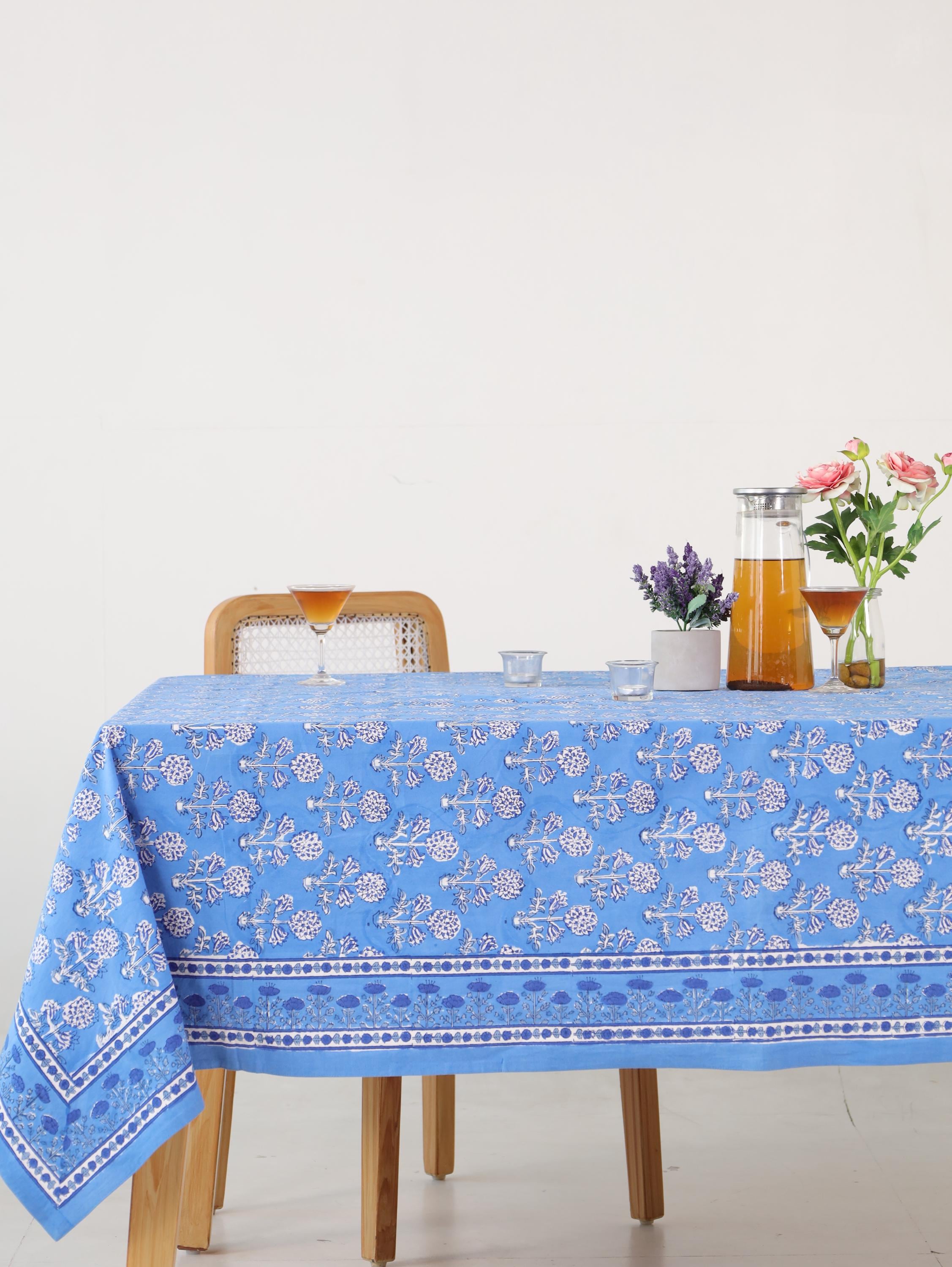 Luxury Floral Block Printed Tablecloth - Handmade Cotton Dining Table Cover in Light Blue Floral