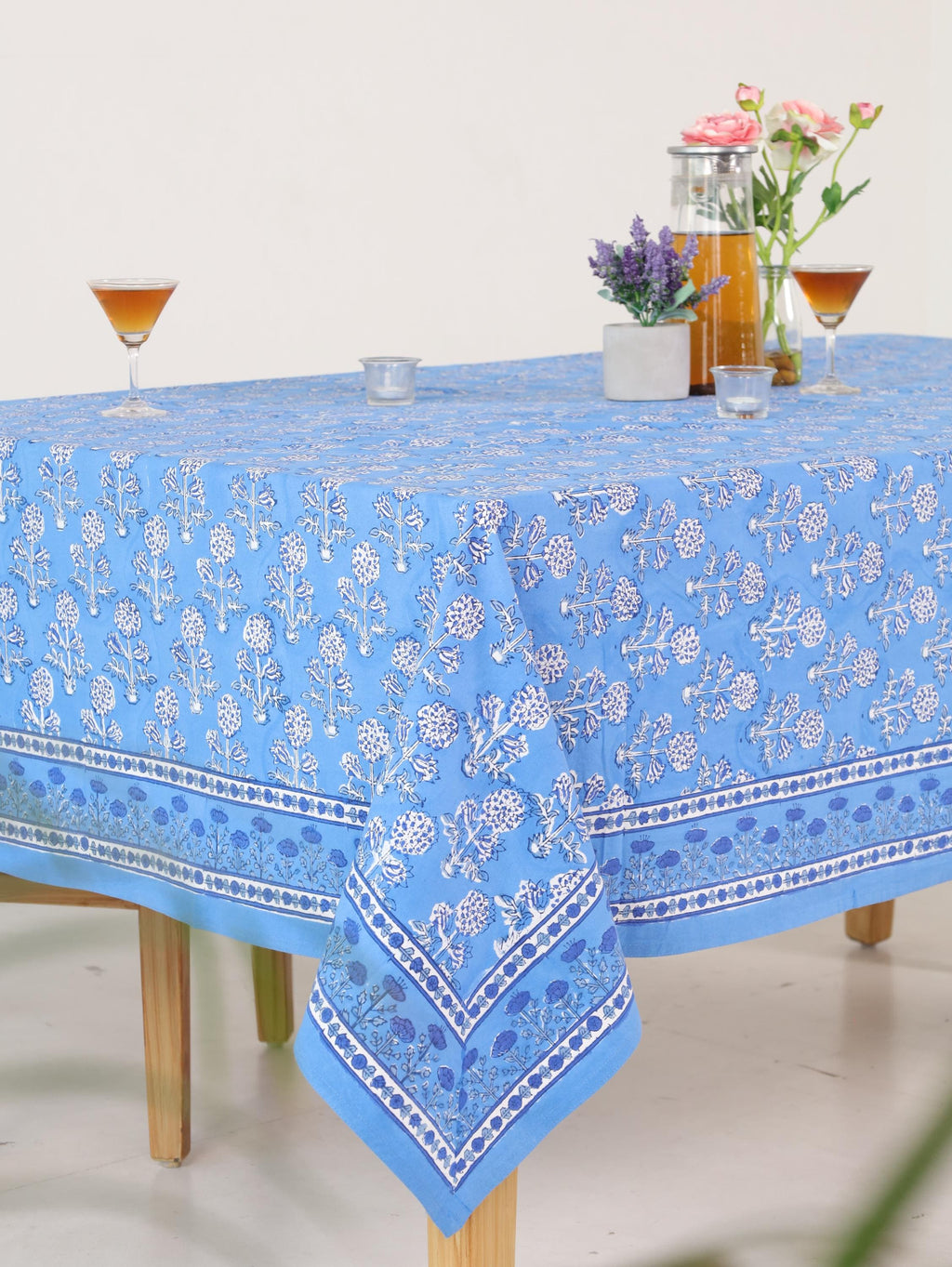 Luxury Floral Block Printed Tablecloth - Handmade Cotton Dining Table Cover in Light Blue Floral
