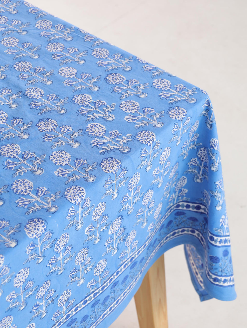 Luxury Floral Block Printed Tablecloth - Handmade Cotton Dining Table Cover in Light Blue Floral