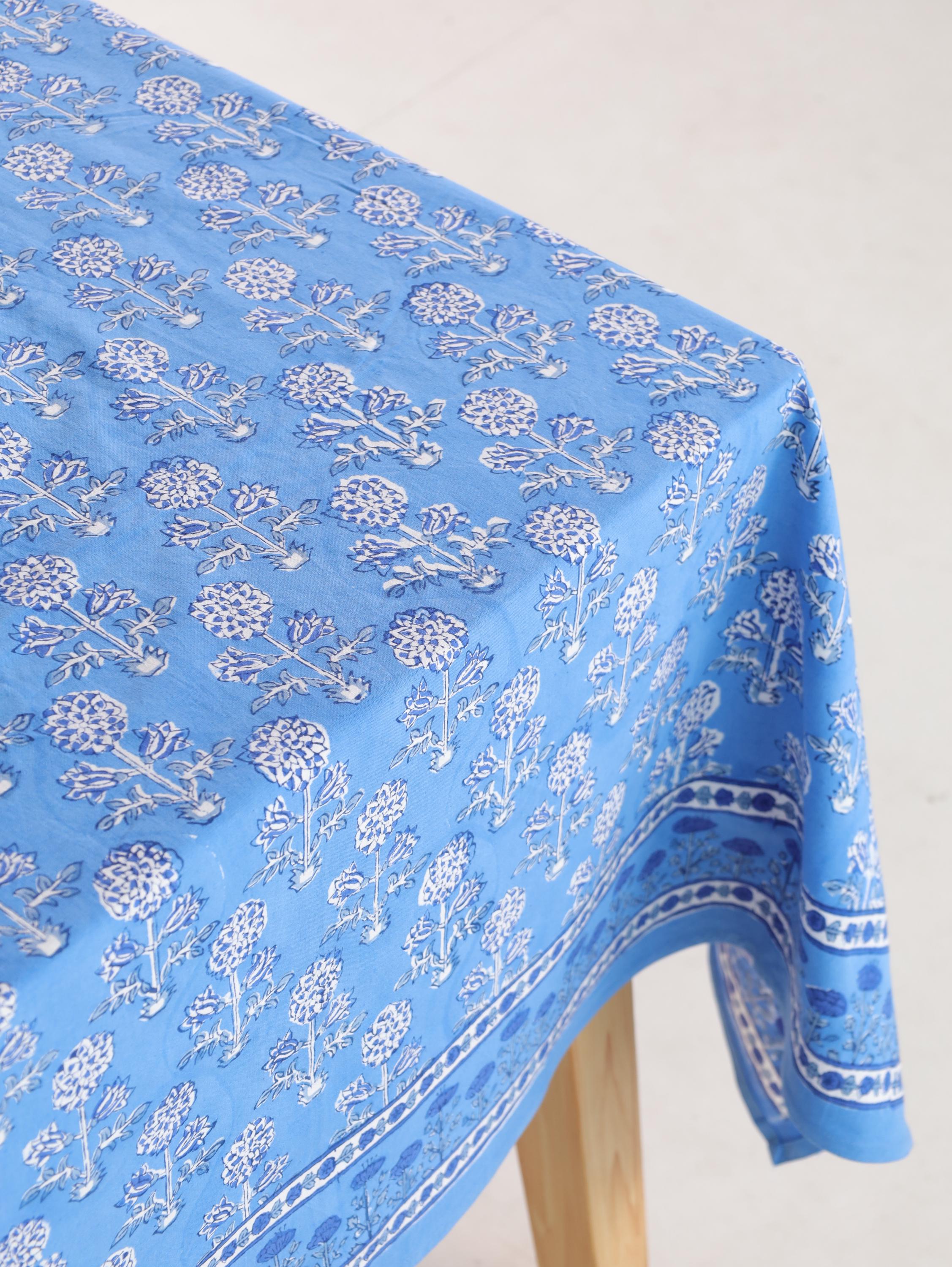 Luxury Floral Block Printed Tablecloth - Handmade Cotton Dining Table Cover in Light Blue Floral