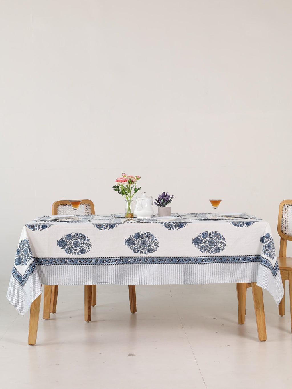 Blue Floral Hand Block Print Cotton Tablecloth with Border (60 x 90) – Jaipur Dining Table Cover