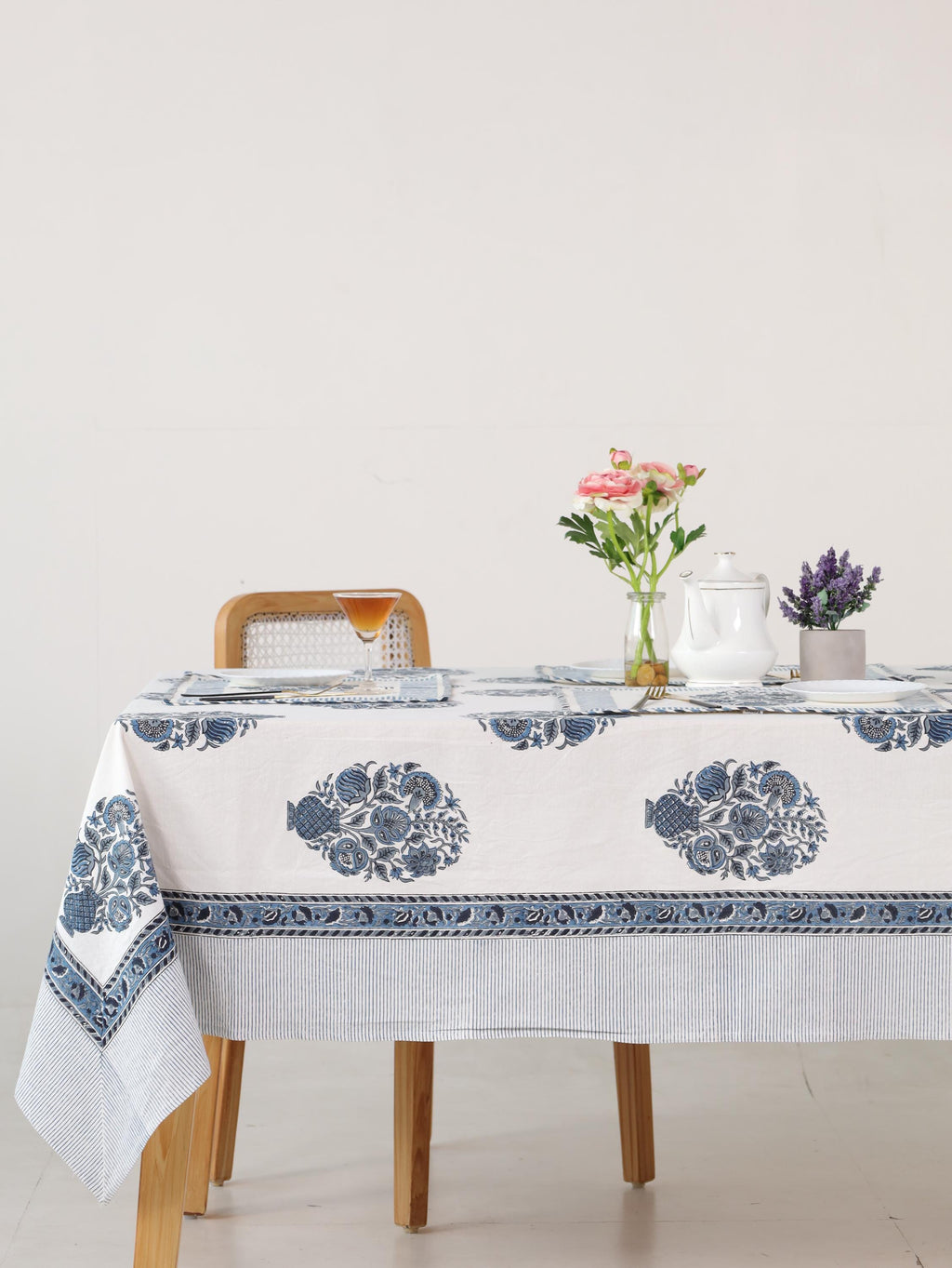 Blue Floral Hand Block Print Cotton Tablecloth with Border (60 x 90) – Jaipur Dining Table Cover