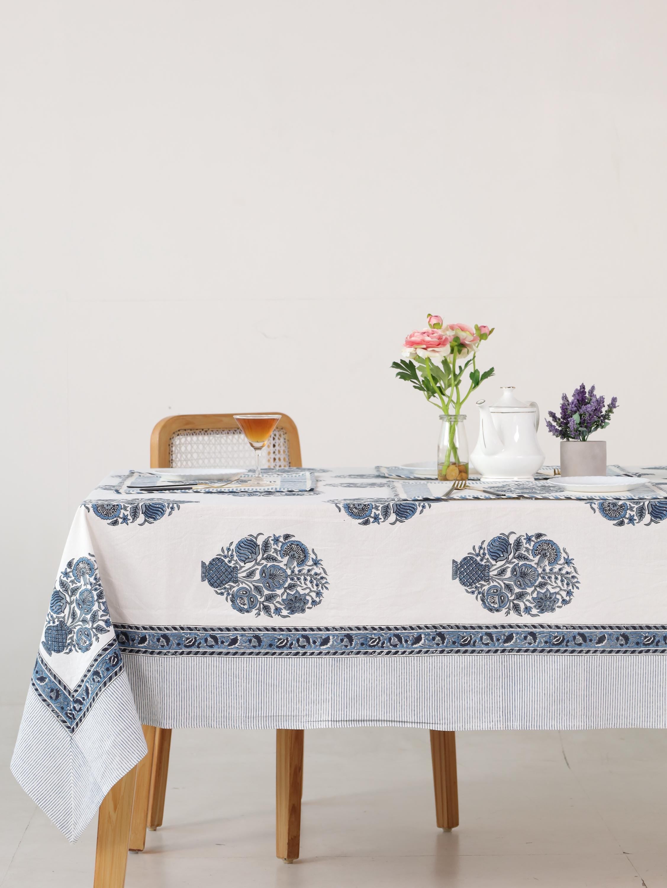 Blue Floral Hand Block Print Cotton Tablecloth with Border (60 x 90) – Jaipur Dining Table Cover