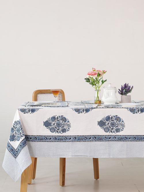 Blue Floral Hand Block Print Cotton Tablecloth with Border (60 x 90) – Jaipur Dining Table Cover