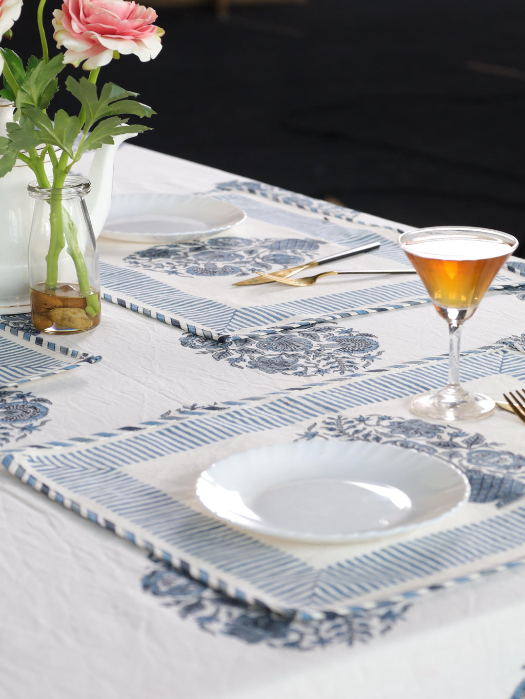 Blue Floral Hand Block Print Cotton Tablecloth with Border (60 x 90) – Jaipur Dining Table Cover