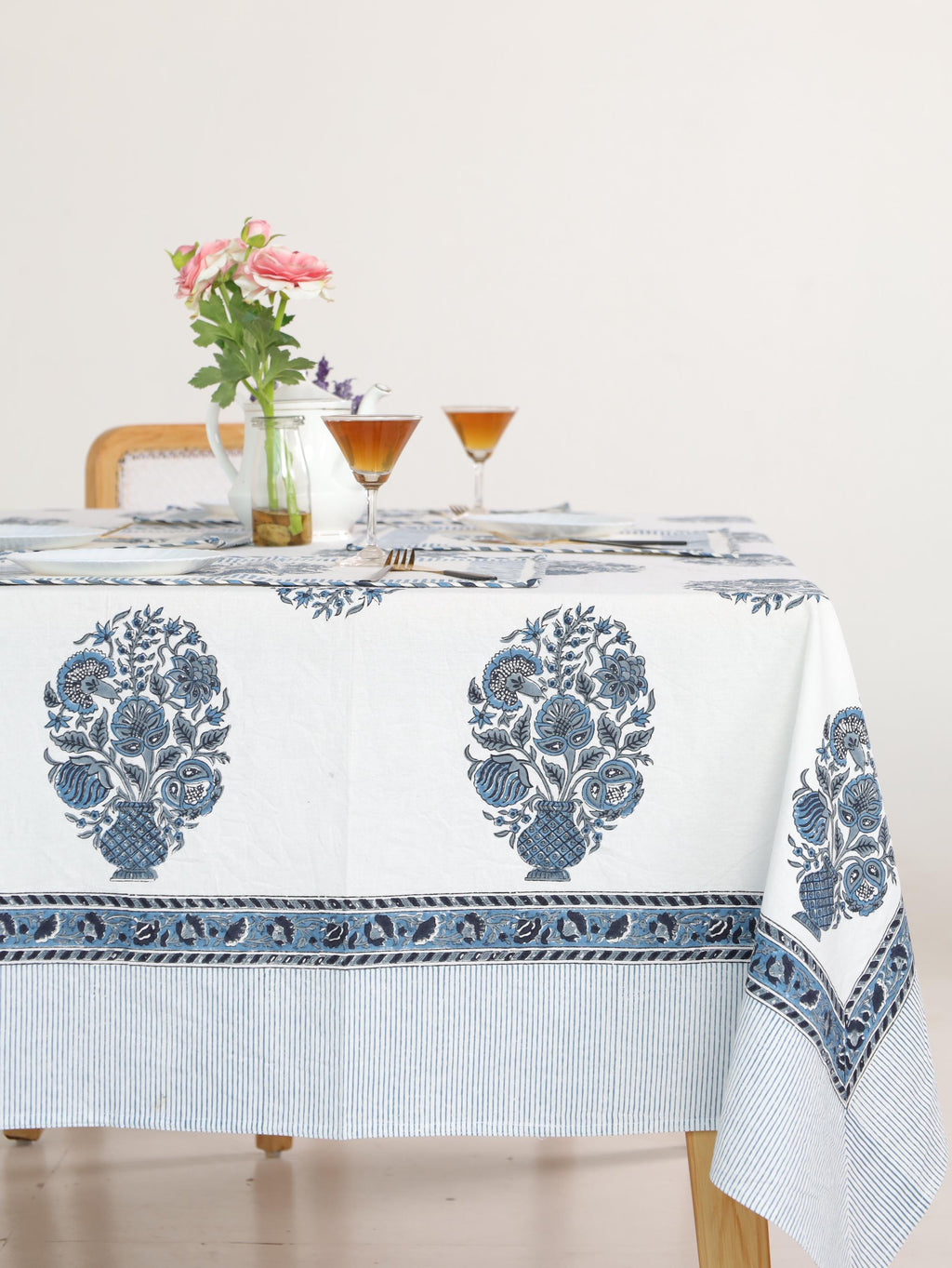 Blue Floral Hand Block Print Cotton Tablecloth with Border (60 x 90) – Jaipur Dining Table Cover