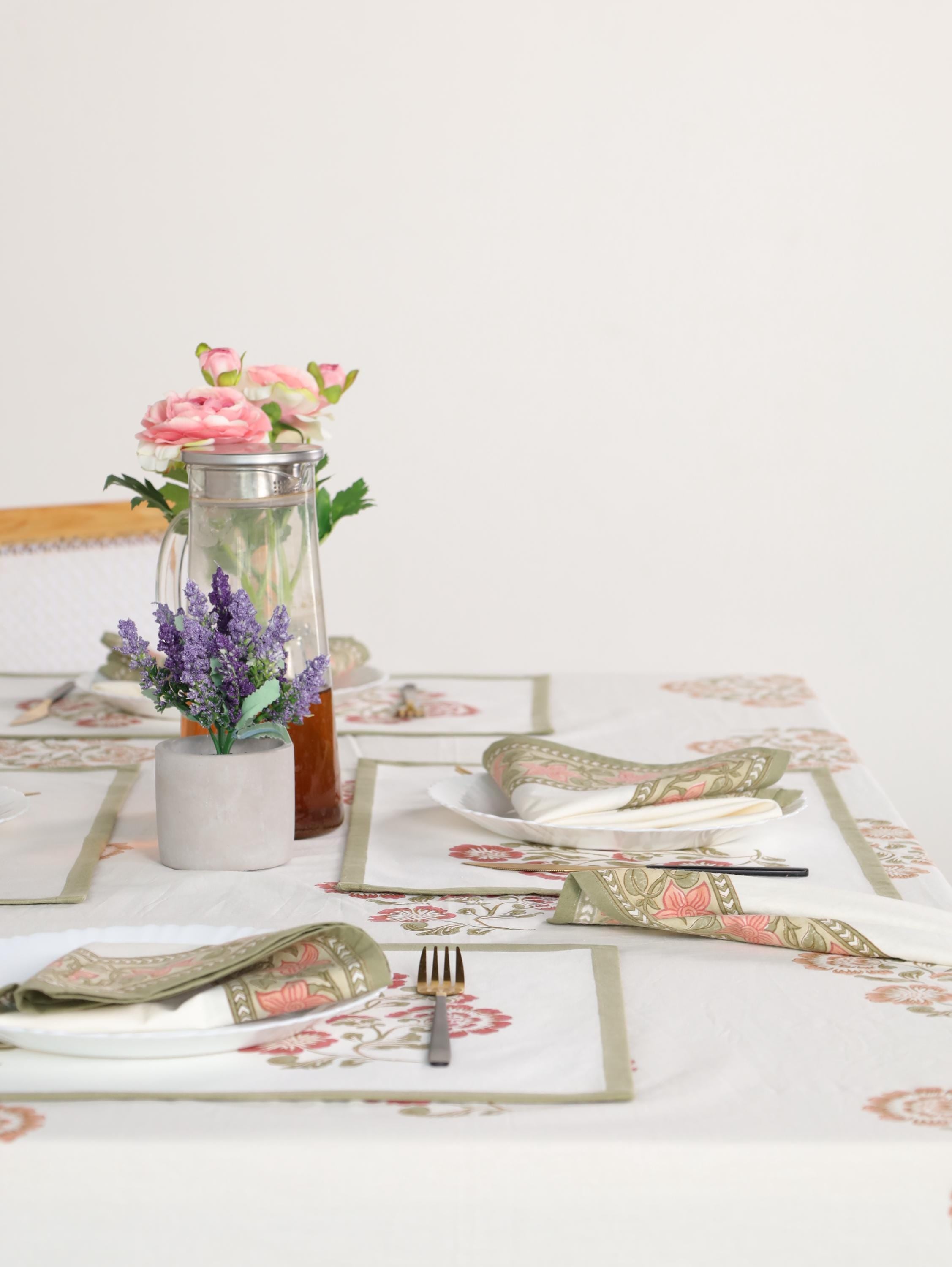 Jaipur Hand Block Print Cotton Tablecloth – Pink Floral Design (60 x 90)