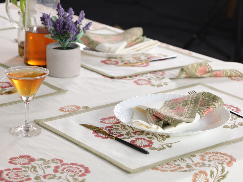 Jaipur Hand Block Print Cotton Tablecloth – Pink Floral Design (60 x 90)