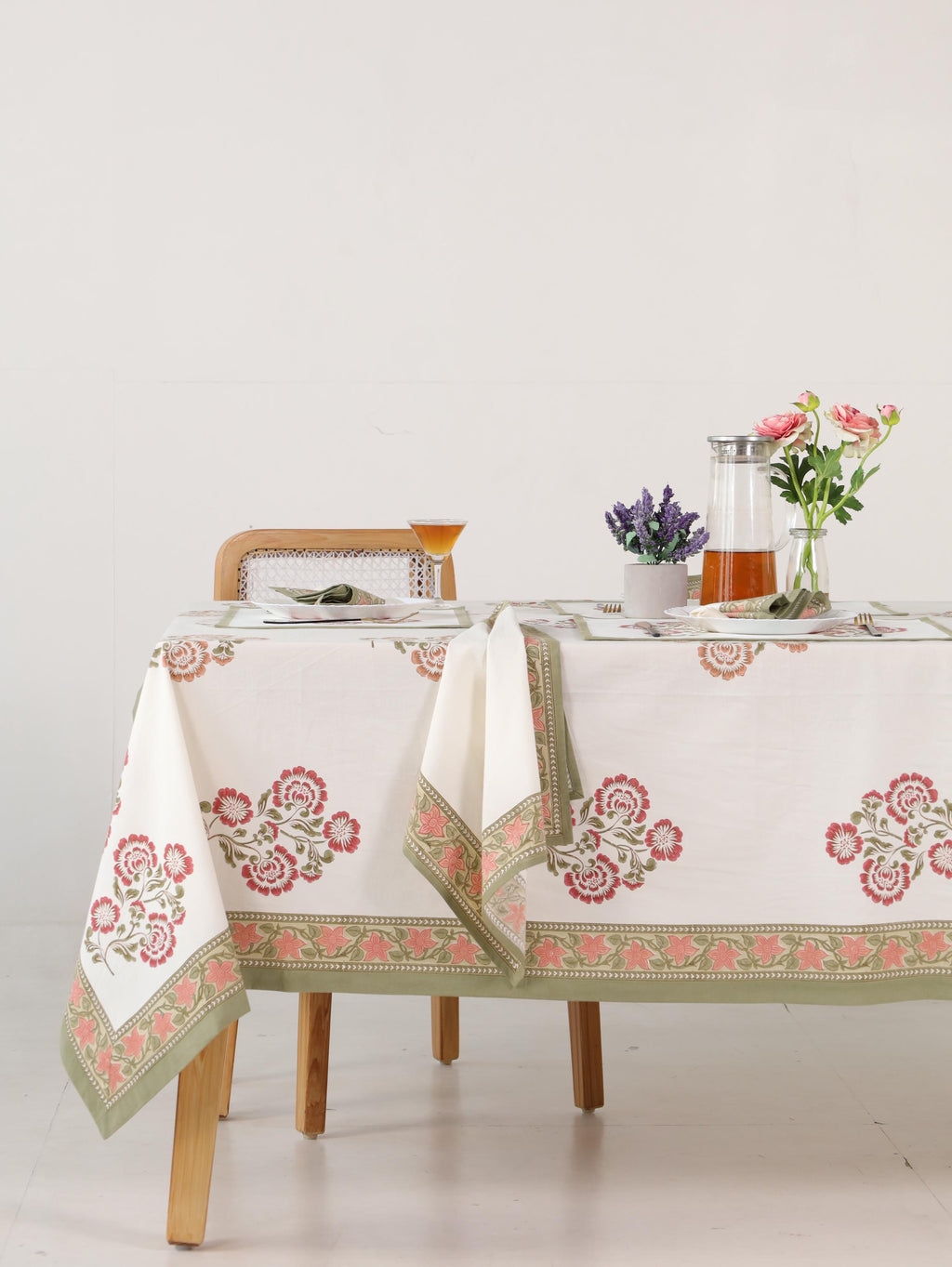 Jaipur Hand Block Print Cotton Tablecloth – Pink Floral Design (60 x 90)