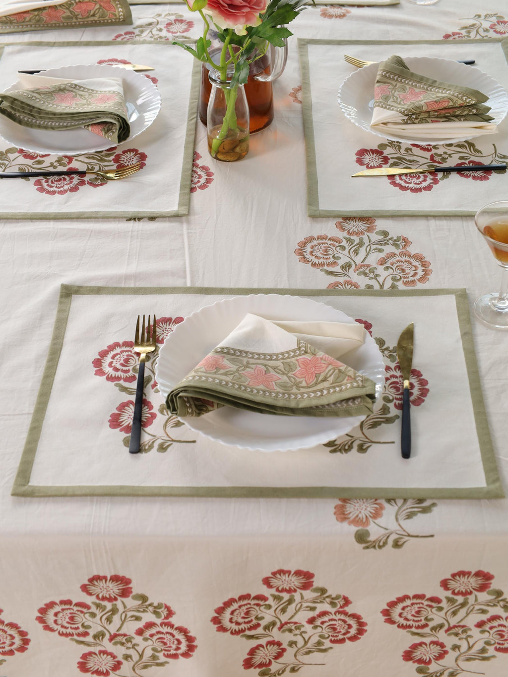 Jaipur Hand Block Print Cotton Tablecloth – Pink Floral Design (60 x 90)
