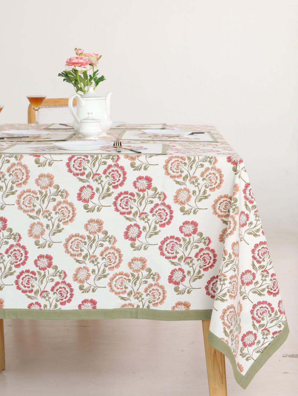 Luxury Floral Block Printed Tablecloth - Handmade Cotton Dining Table Cover with Pink Multicolor Floral