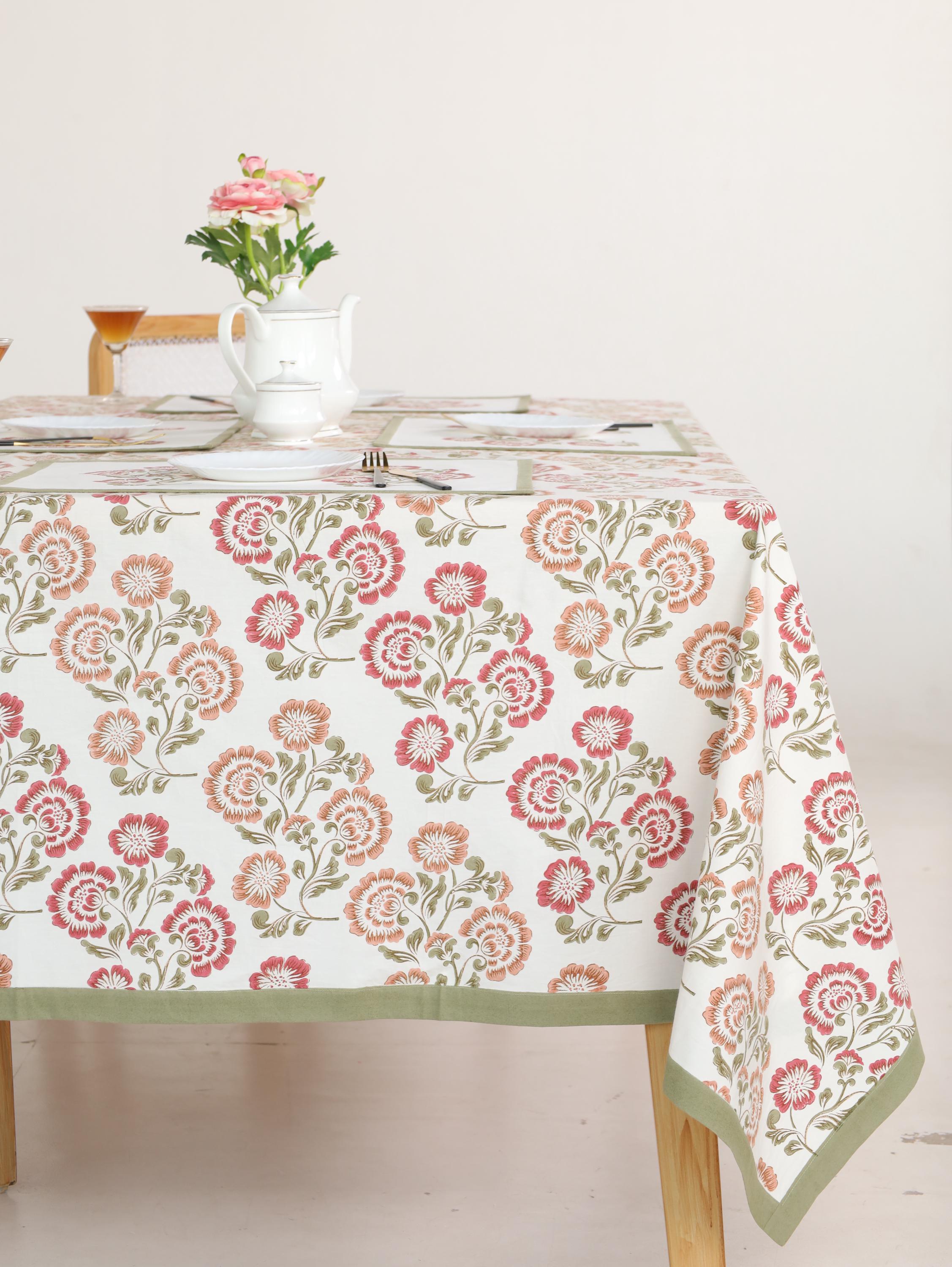 Luxury Floral Block Printed Tablecloth - Handmade Cotton Dining Table Cover with Pink Multicolor Floral