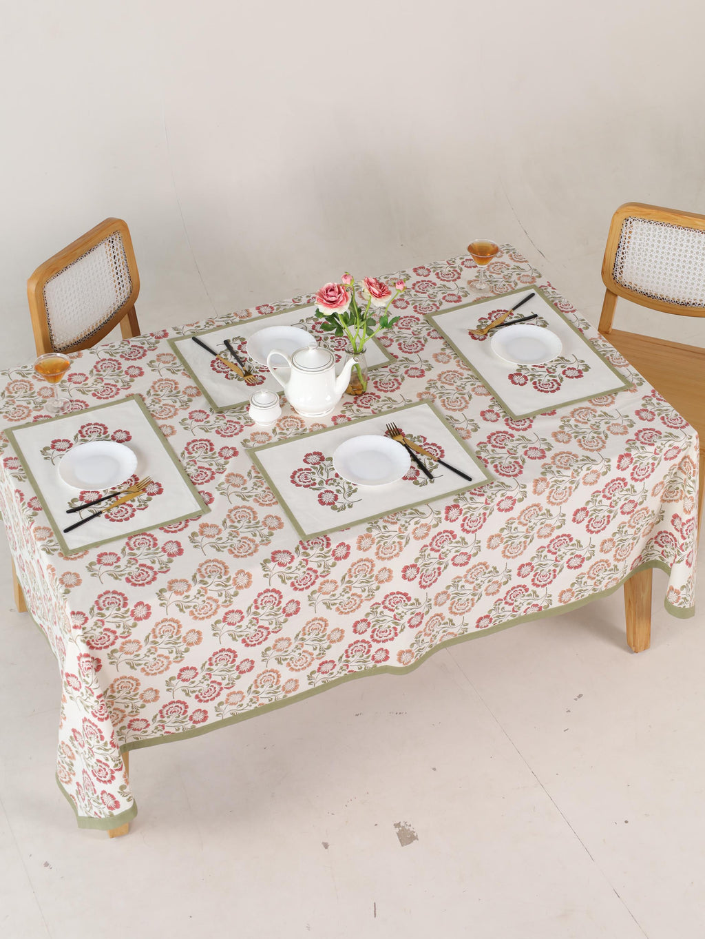Luxury Floral Block Printed Tablecloth - Handmade Cotton Dining Table Cover with Pink Multicolor Floral