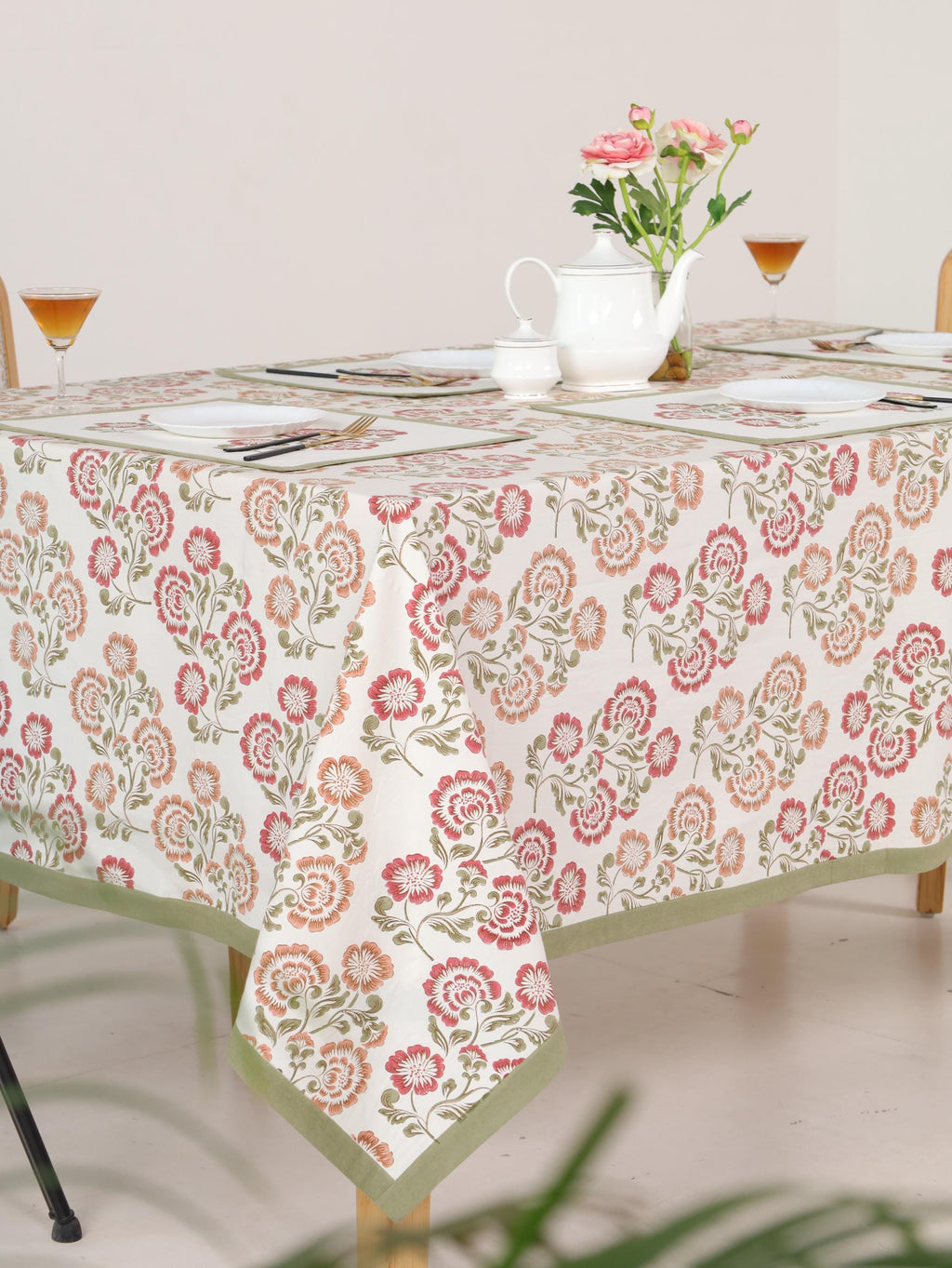 Luxury Floral Block Printed Tablecloth - Handmade Cotton Dining Table Cover with Pink Multicolor Floral