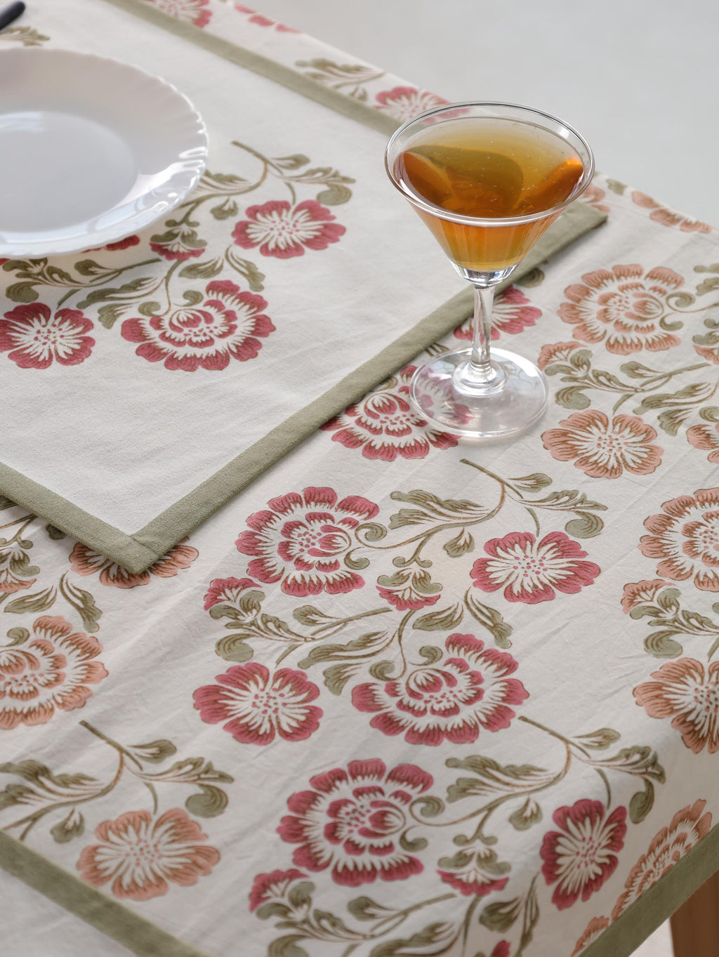 Luxury Floral Block Printed Tablecloth - Handmade Cotton Dining Table Cover with Pink Multicolor Floral
