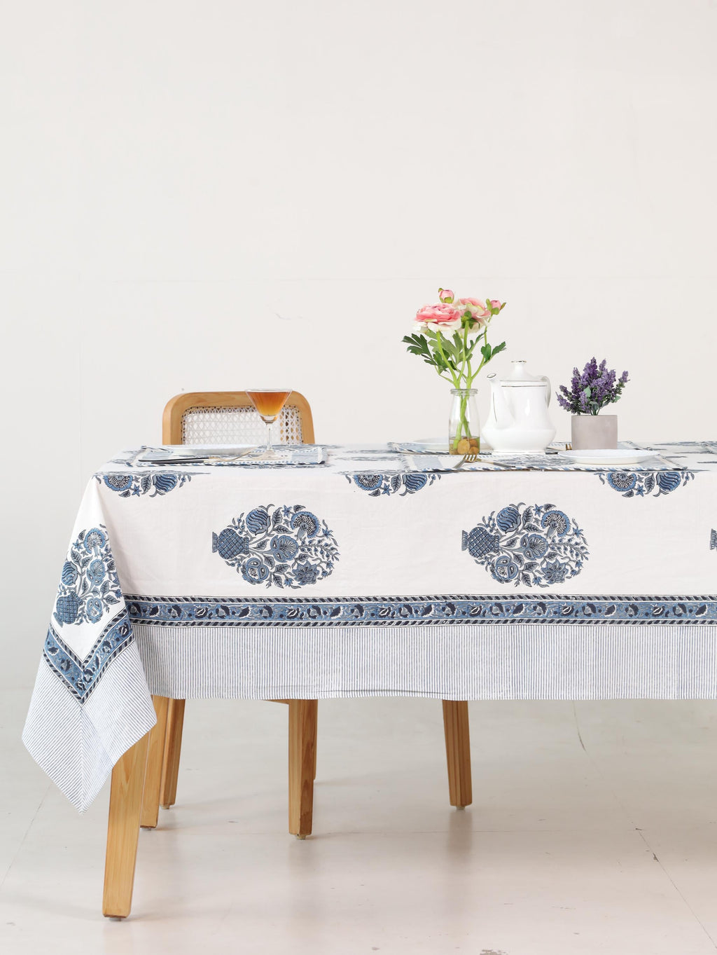 Luxury Floral Block Printed Tablecloth - Handmade Cotton Dining Table Cover with Blue Floral