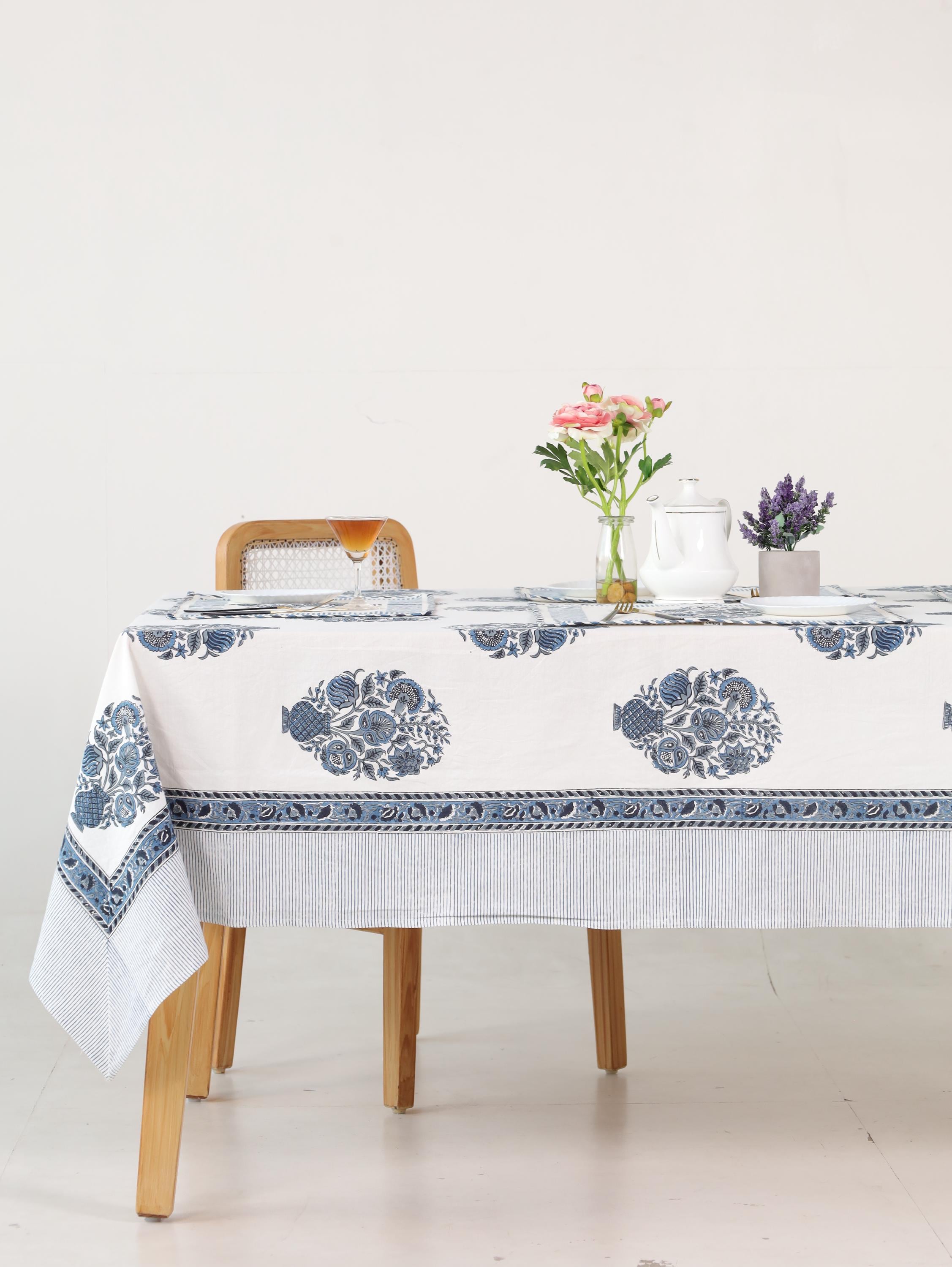 Luxury Floral Block Printed Tablecloth - Handmade Cotton Dining Table Cover with Blue Floral