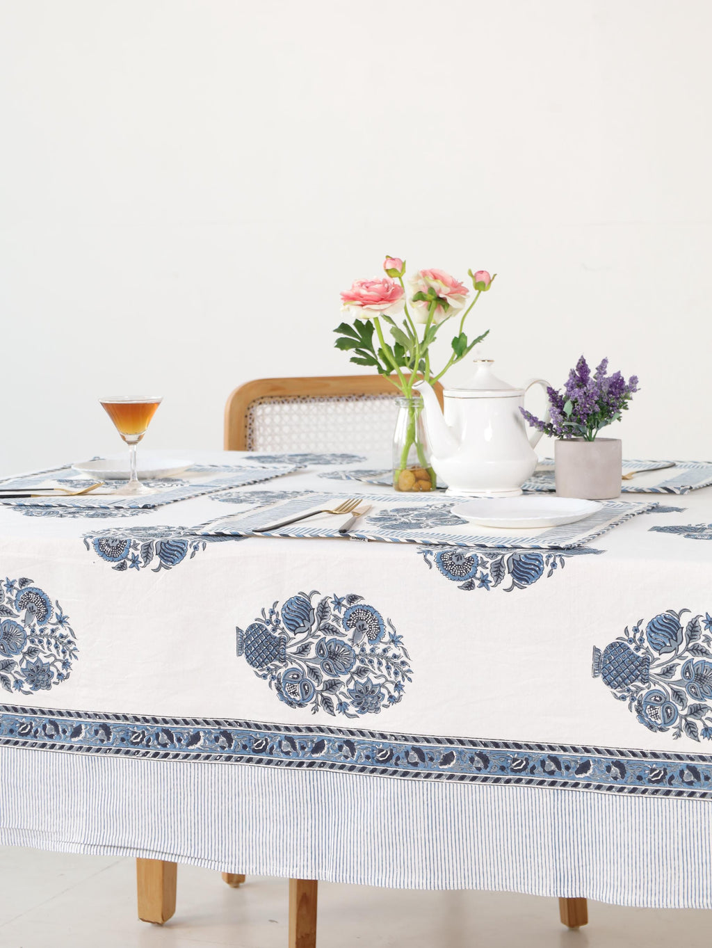 Luxury Floral Block Printed Tablecloth - Handmade Cotton Dining Table Cover with Blue Floral