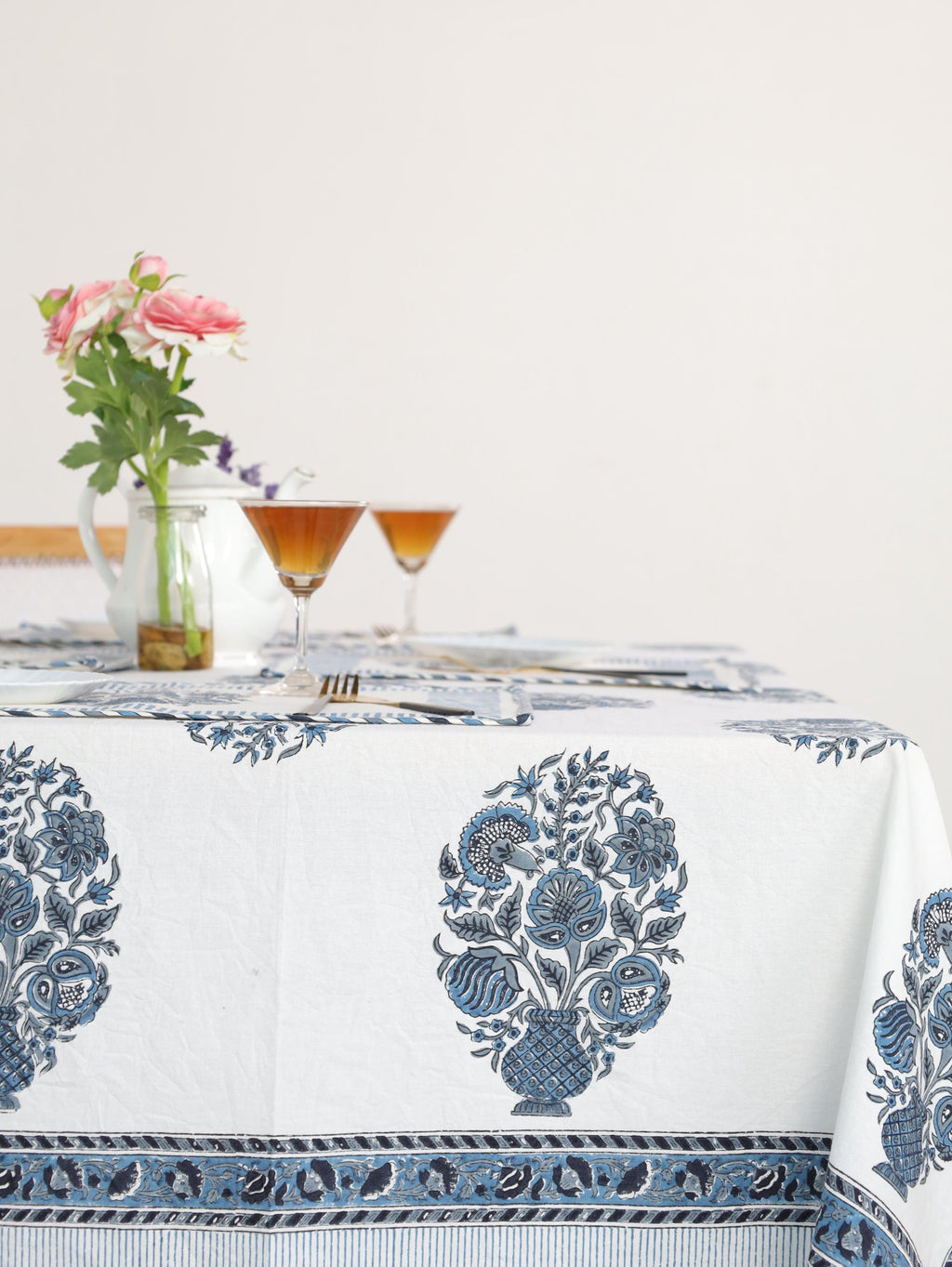 Luxury Floral Block Printed Tablecloth - Handmade Cotton Dining Table Cover with Blue Floral