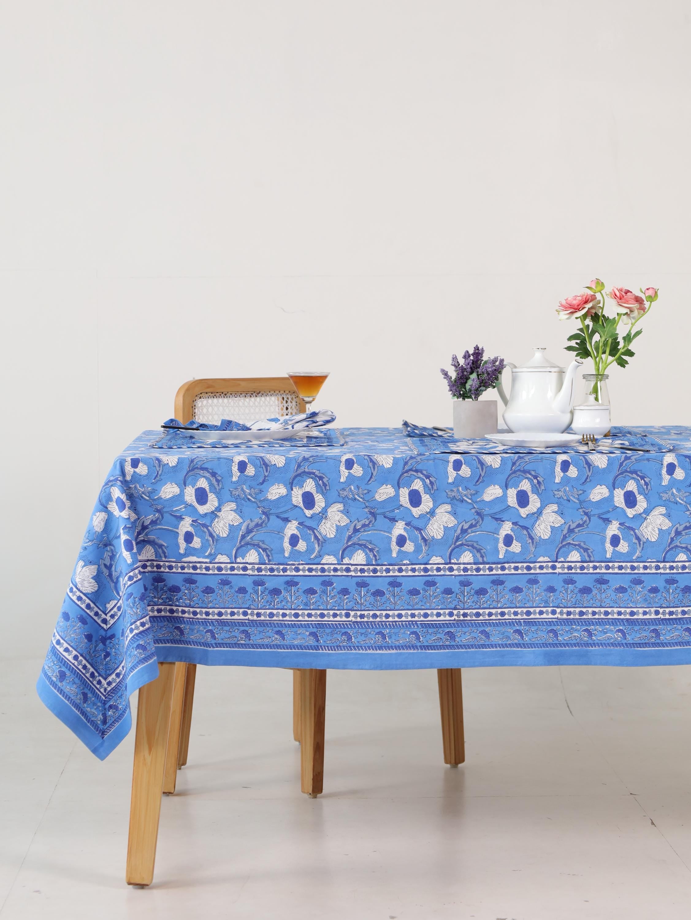 Blue Floral Hand Block Print Cotton Tablecloth (60 x 90) – Elegant Jaipur Dining Décor