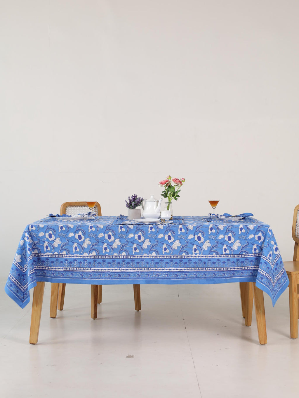 Blue Floral Hand Block Print Cotton Tablecloth (60 x 90) – Elegant Jaipur Dining Décor