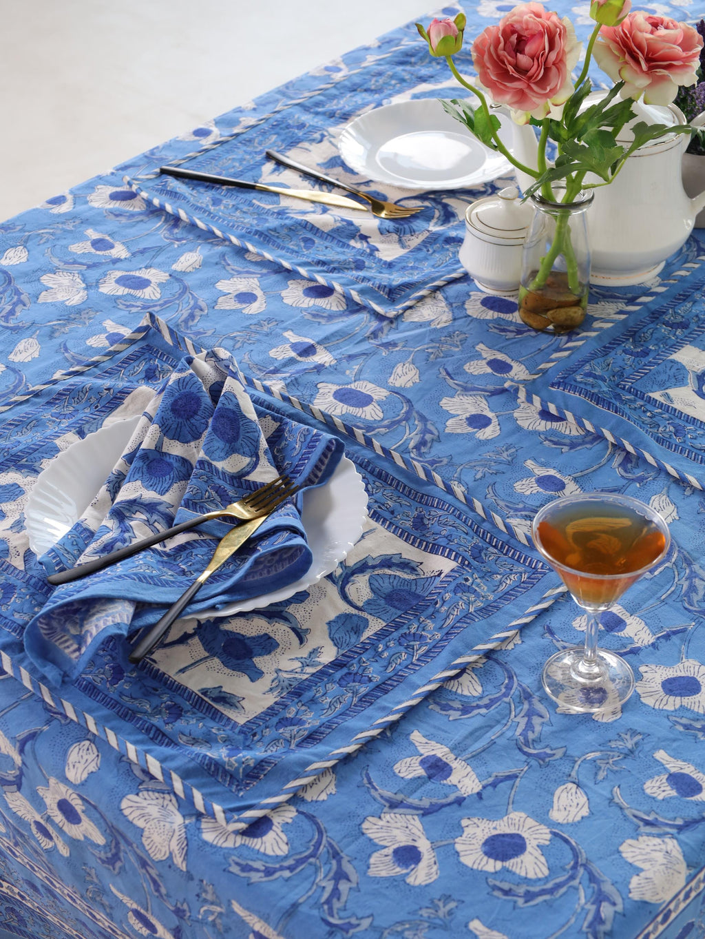 Blue Floral Hand Block Print Cotton Tablecloth (60 x 90) – Elegant Jaipur Dining Décor