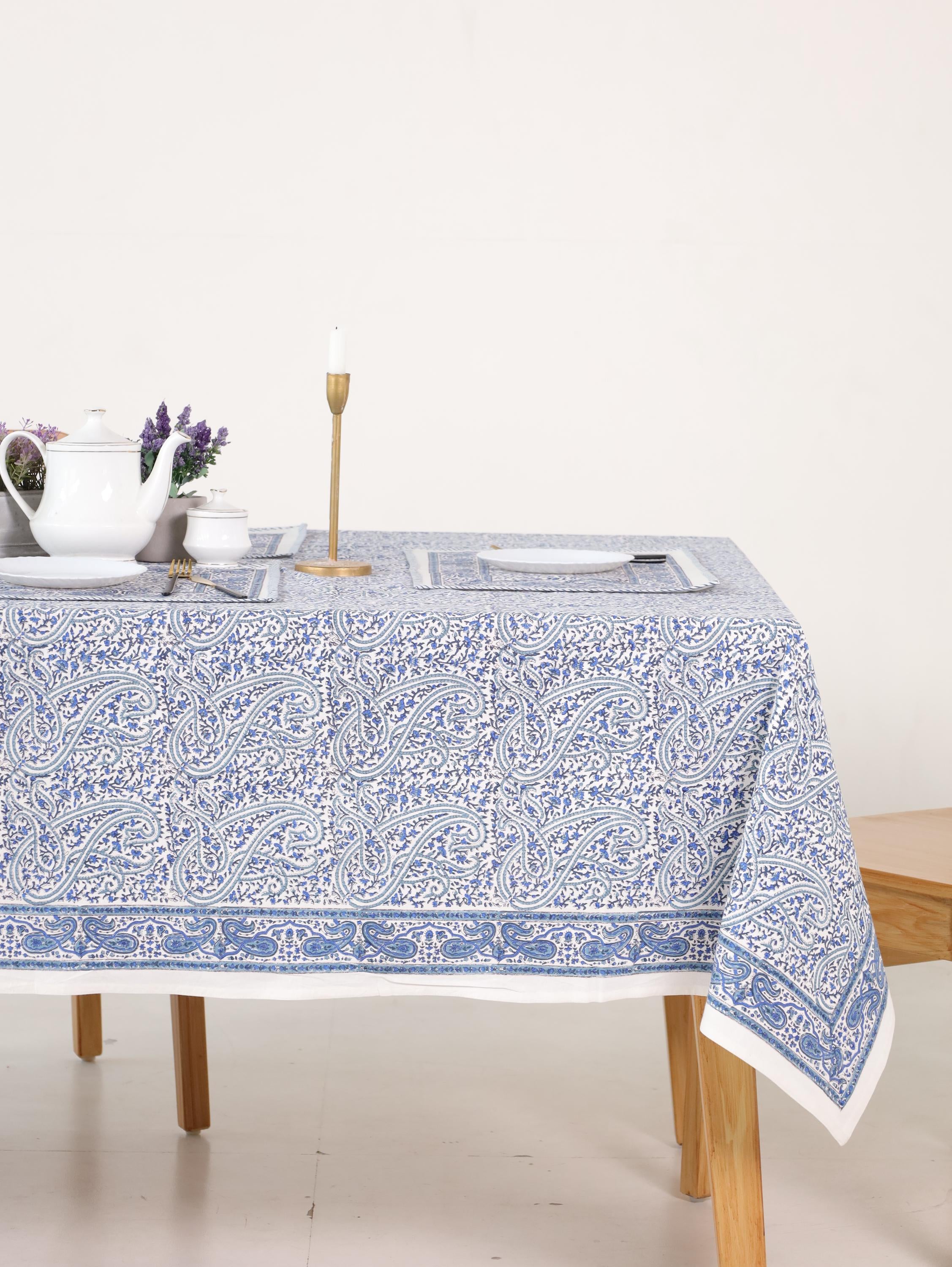 Hand Block Printed Cotton Tablecloth – Light Blue White Floral, Jaipur Artisan Design