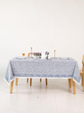 Hand Block Printed Cotton Tablecloth – Light Blue White Floral, Jaipur Artisan Design