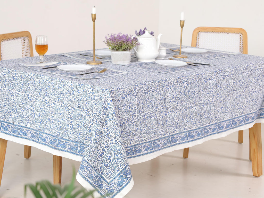 Hand Block Printed Cotton Tablecloth – Light Blue White Floral, Jaipur Artisan Design