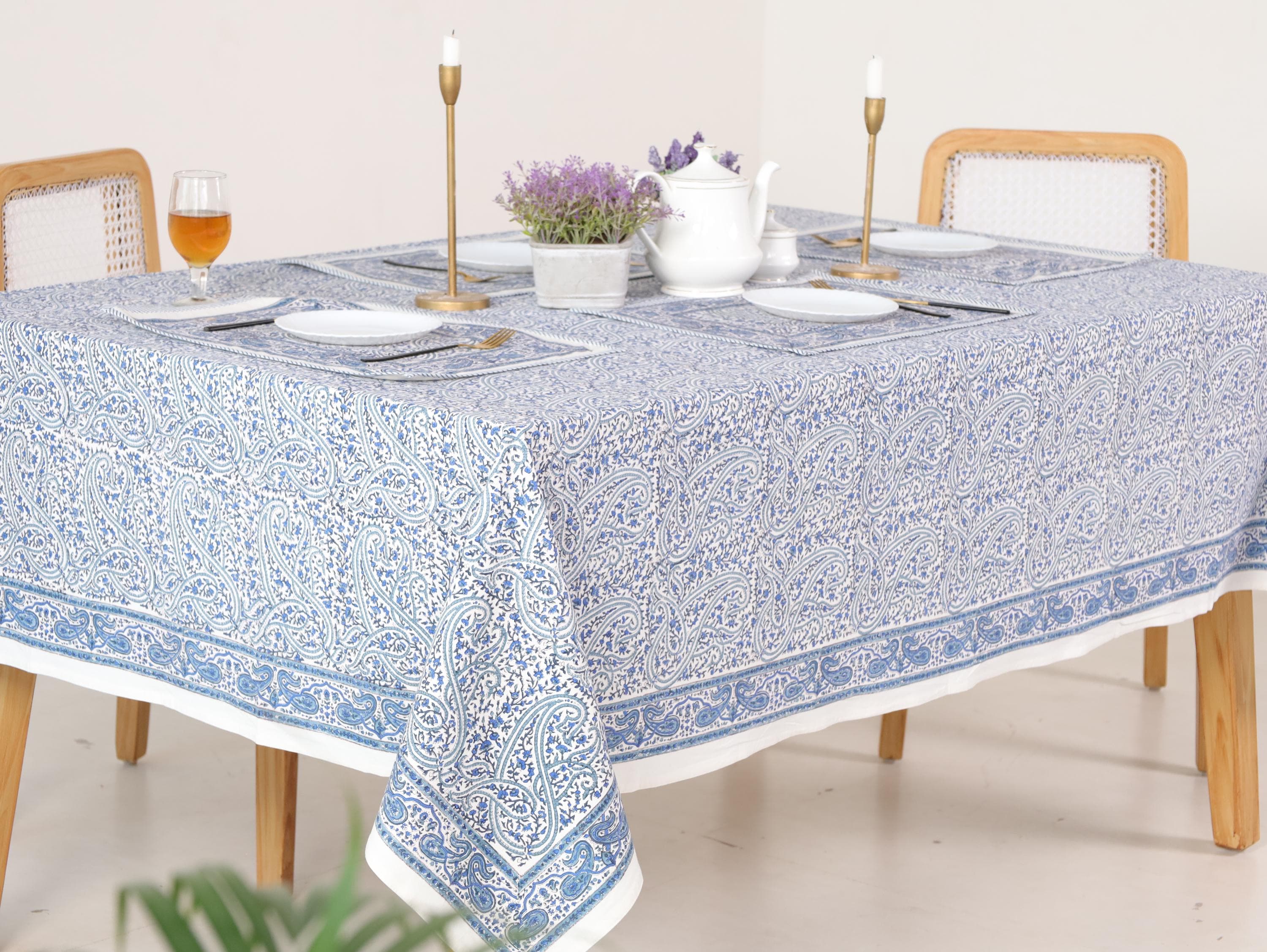 Hand Block Printed Cotton Tablecloth – Light Blue White Floral, Jaipur Artisan Design