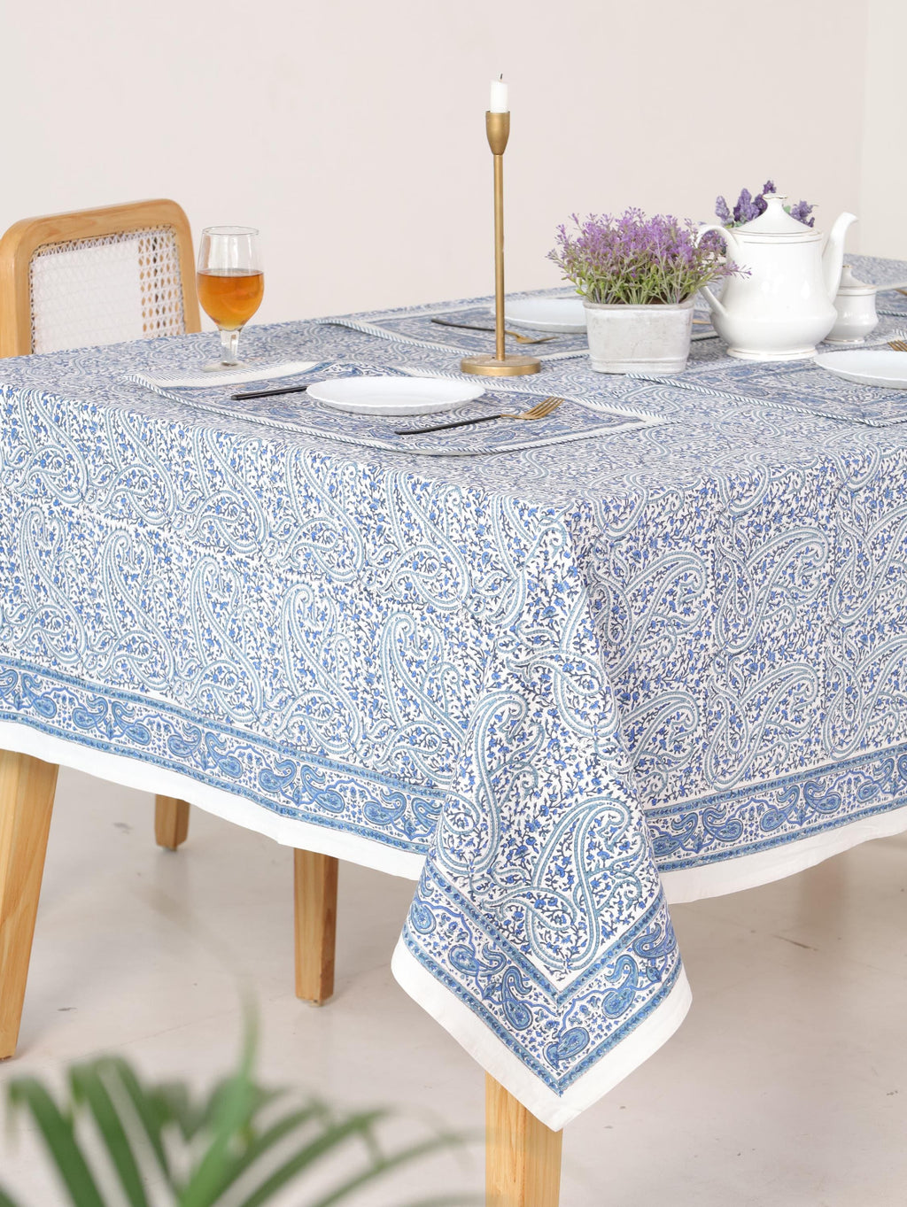 Hand Block Printed Cotton Tablecloth – Light Blue White Floral, Jaipur Artisan Design