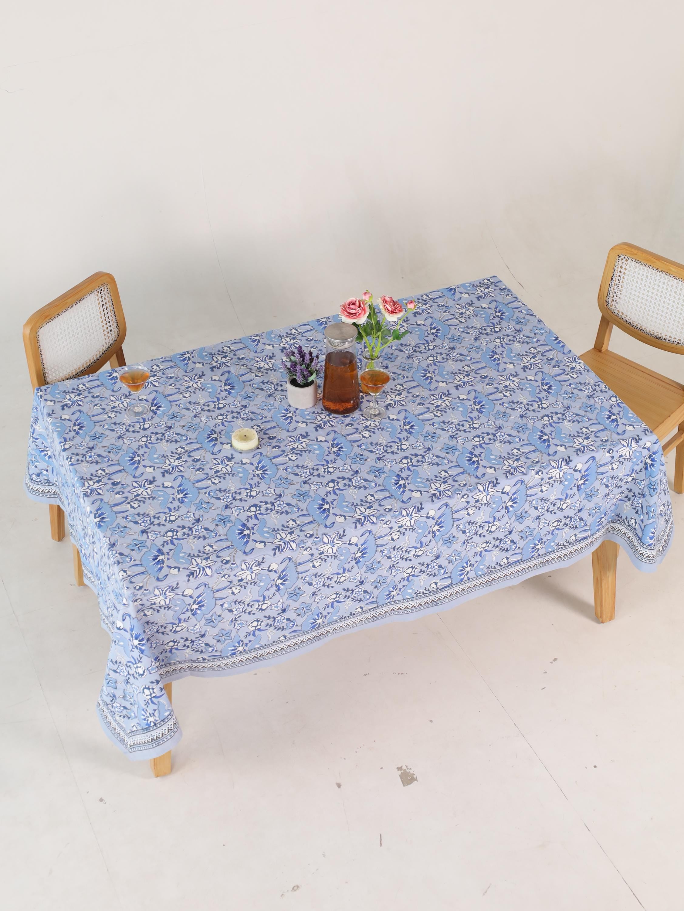 Luxury Floral Block Printed Tablecloth - Handmade Cotton Dining Table Cover with White Cream Blue Floral