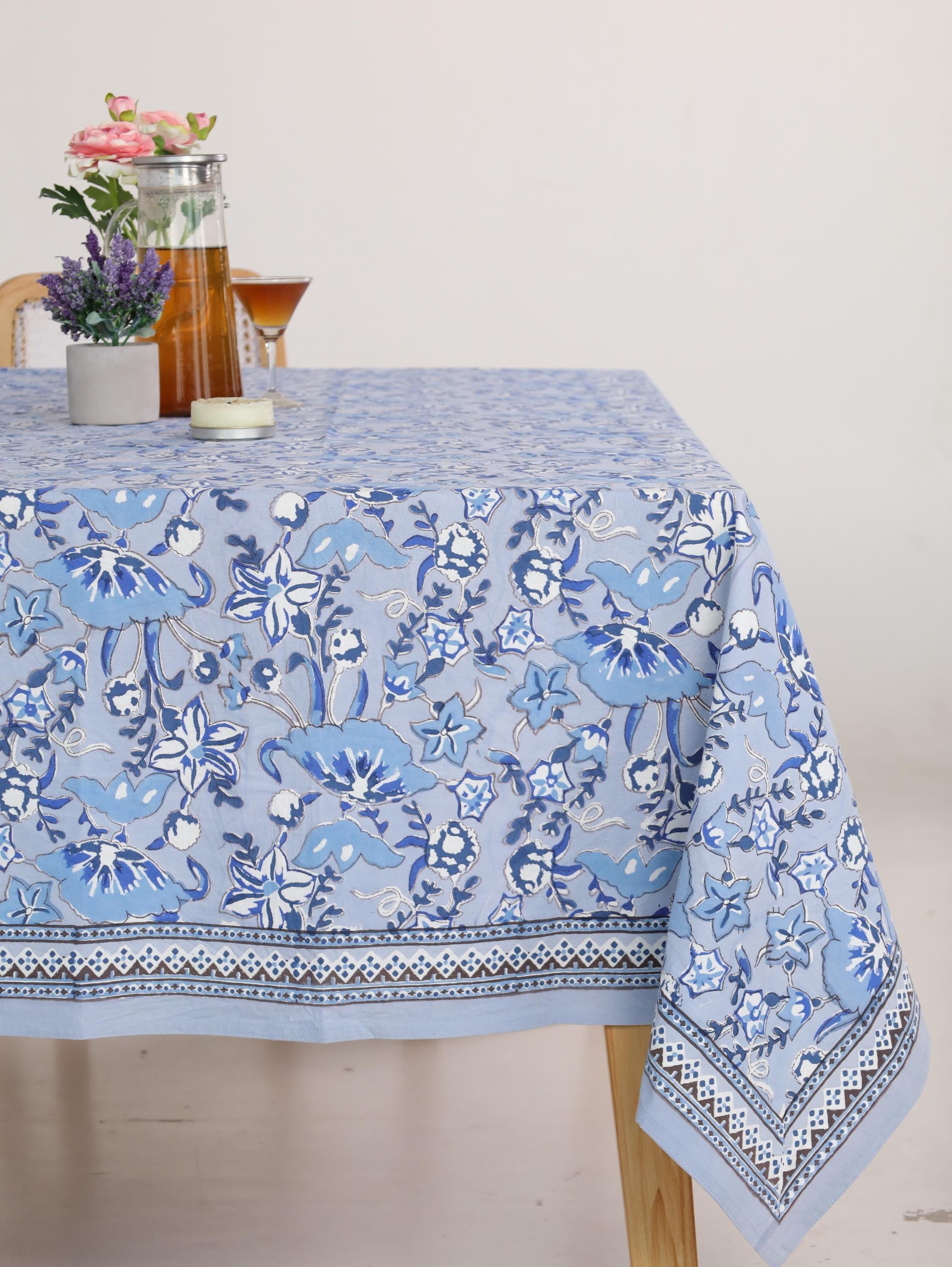 Luxury Floral Block Printed Tablecloth - Handmade Cotton Dining Table Cover with White Cream Blue Floral