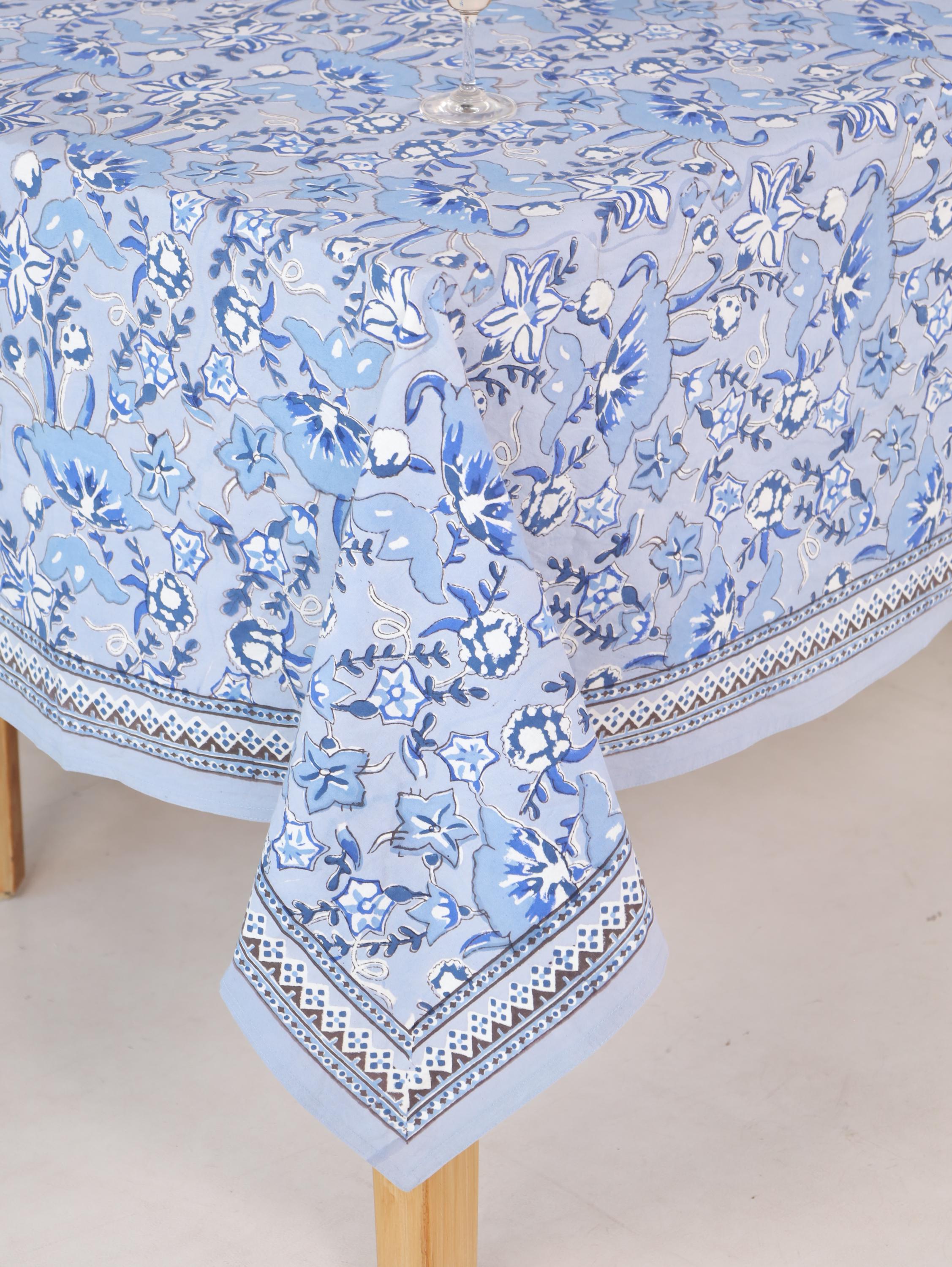 Luxury Floral Block Printed Tablecloth - Handmade Cotton Dining Table Cover with White Cream Blue Floral