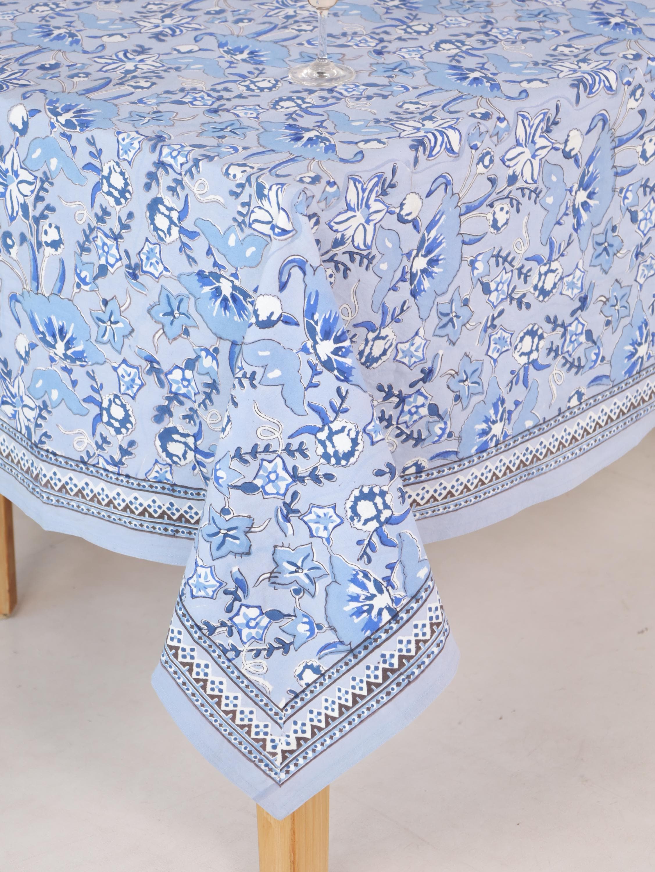 Luxury Floral Block Printed Tablecloth - Handmade Cotton Dining Table Cover with White Cream Blue Floral