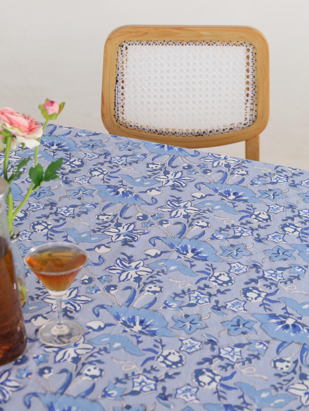 Luxury Floral Block Printed Tablecloth - Handmade Cotton Dining Table Cover with White Cream Blue Floral
