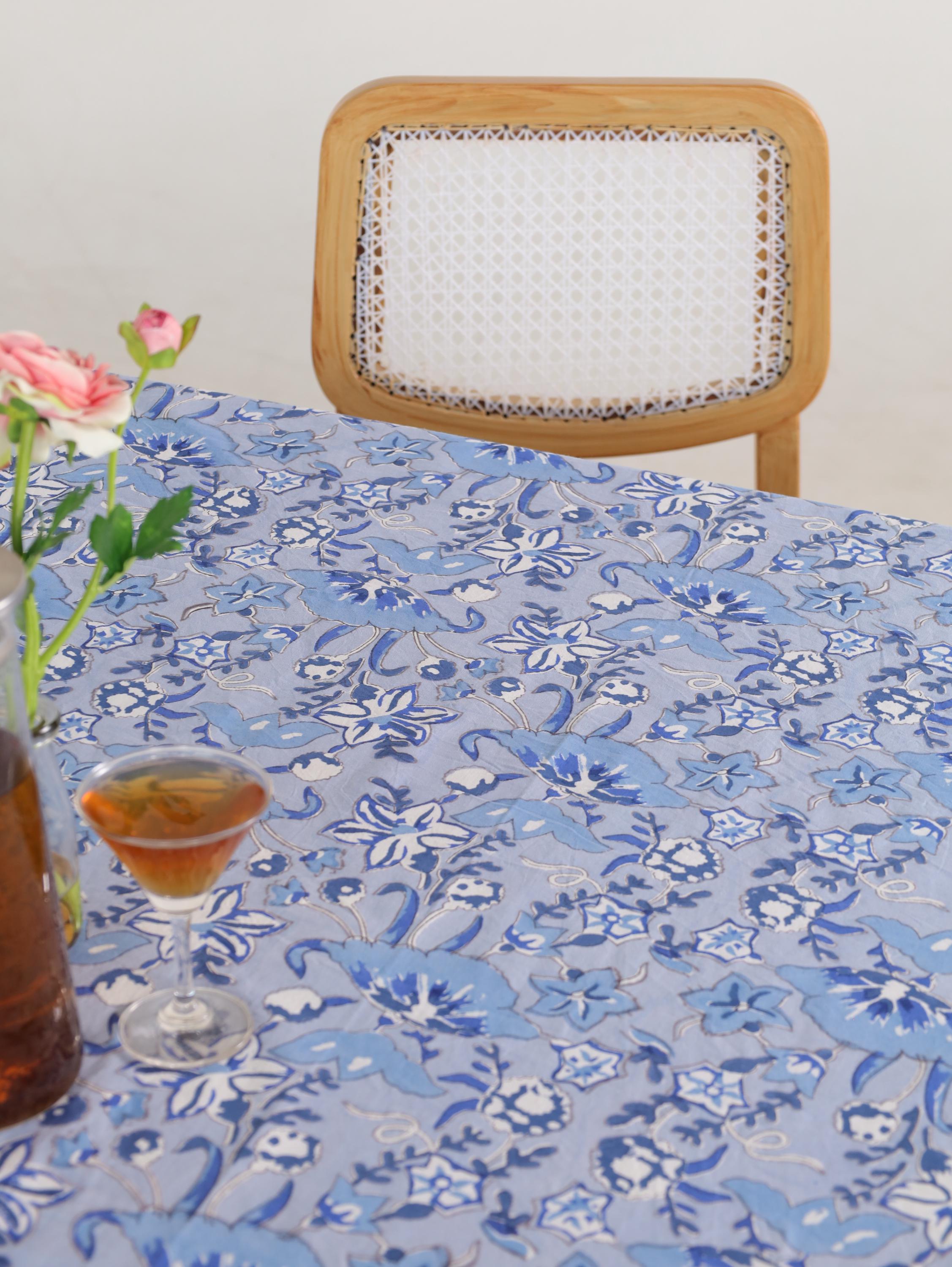 Luxury Floral Block Printed Tablecloth - Handmade Cotton Dining Table Cover with White Cream Blue Floral